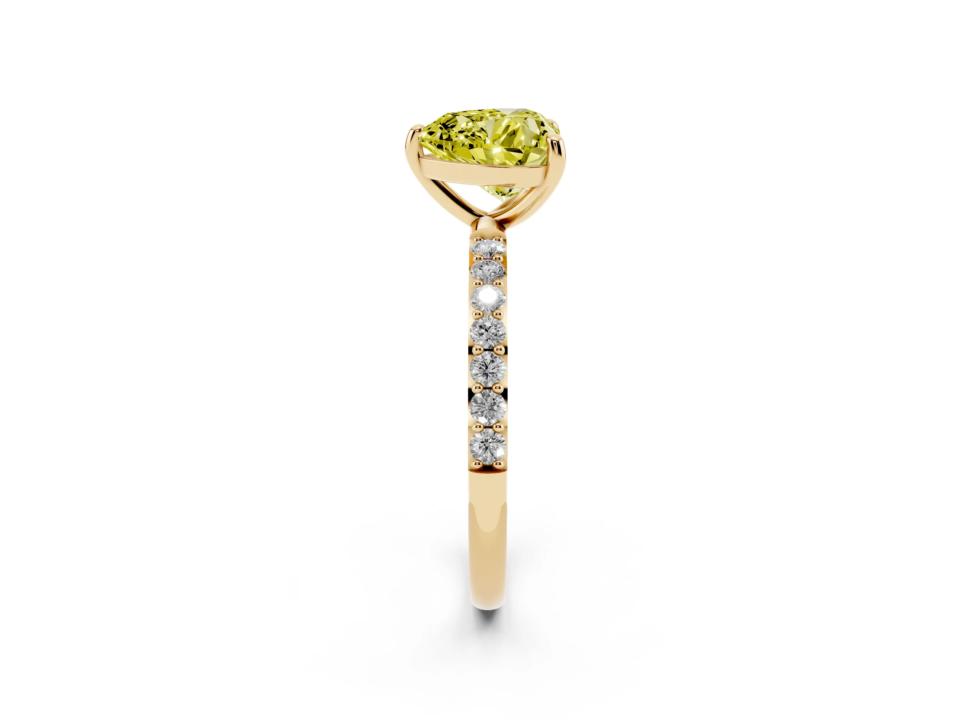 Fancy Yellow Heart Cut Diamond Solitaire Ring Set in Yellow gold with Round Pavé Band and Prong Setting