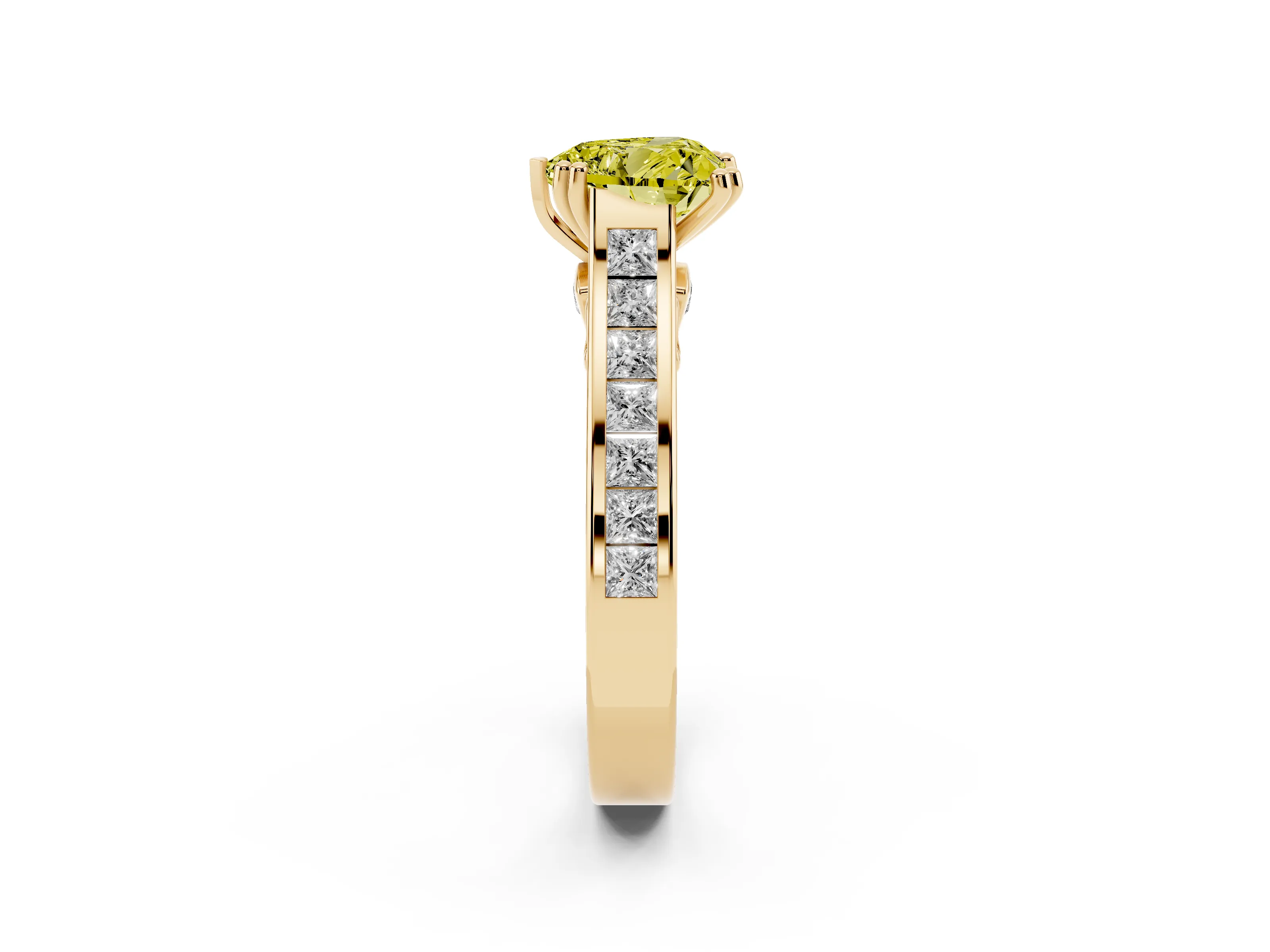 Fancy Yellow Heart Cut Diamond Channel Set Solitaire Engagement Ring Set in Yellow gold with Prong Setting