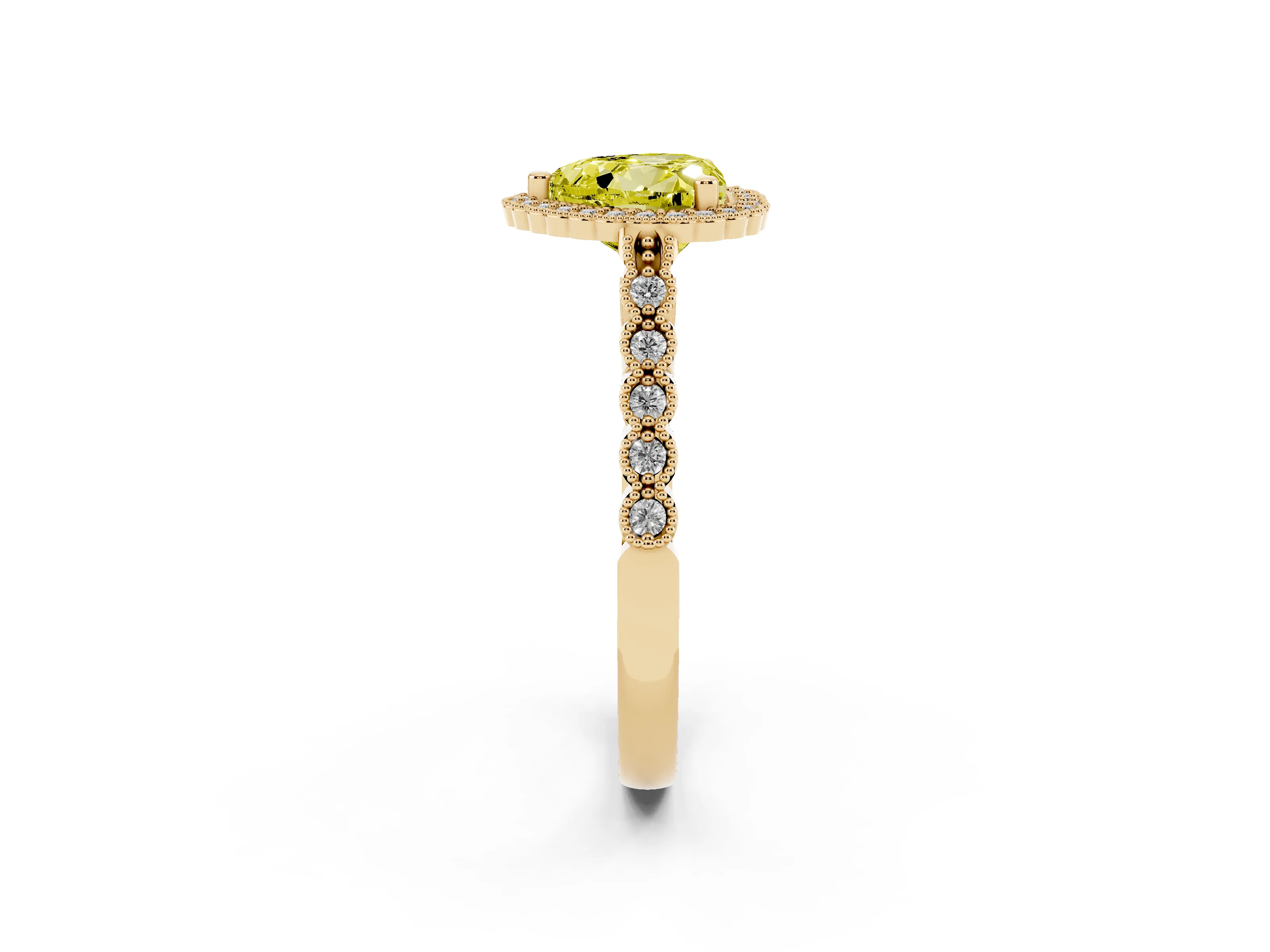 Fancy Yellow Heart Cut Diamond Halo Ring Set in Yellow gold with Pavé Milgrain Band
