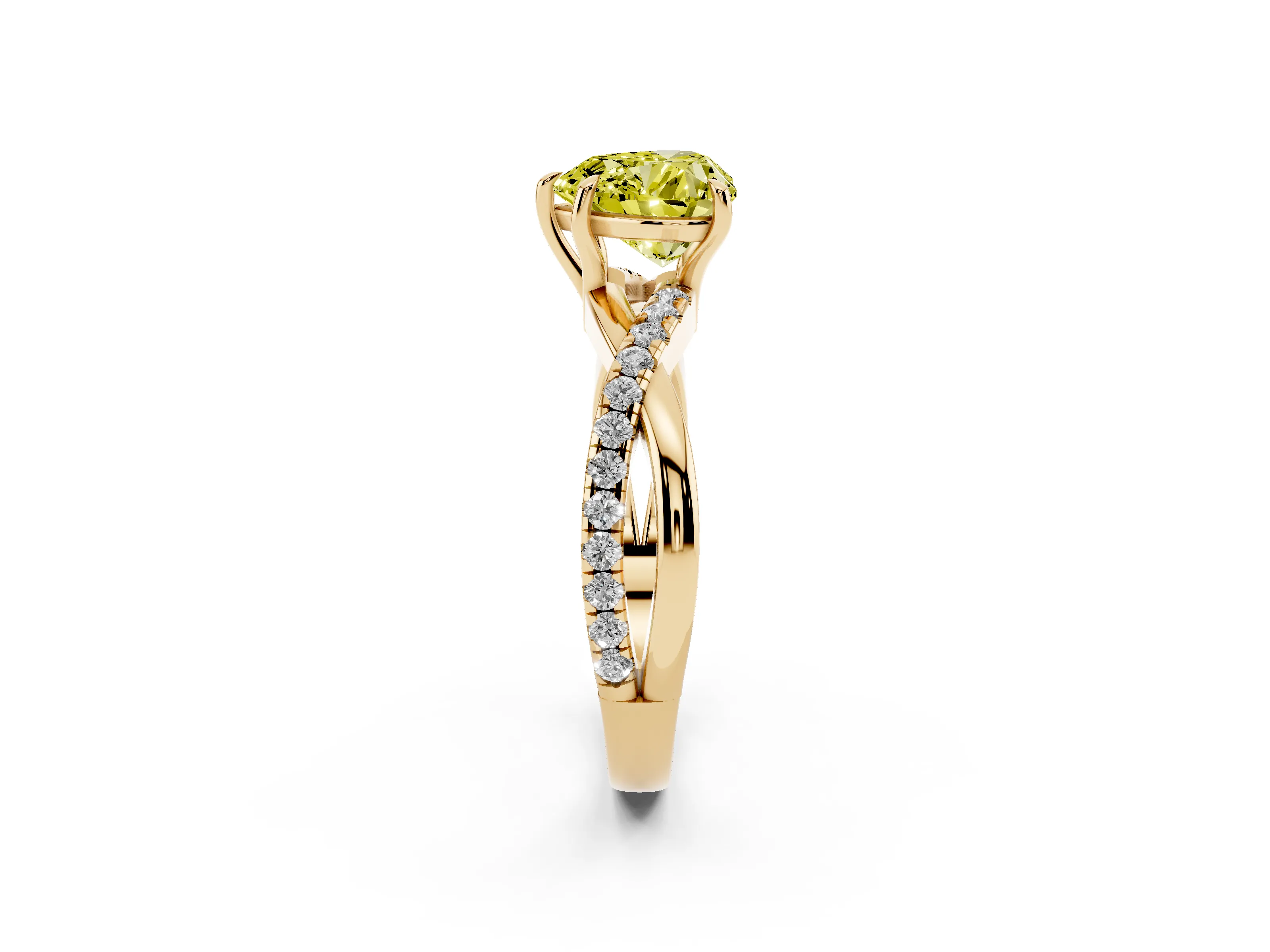 Fancy Yellow Heart Cut Diamond Twisted Pavé Band Ring Set in Yellow gold with Prong Setting