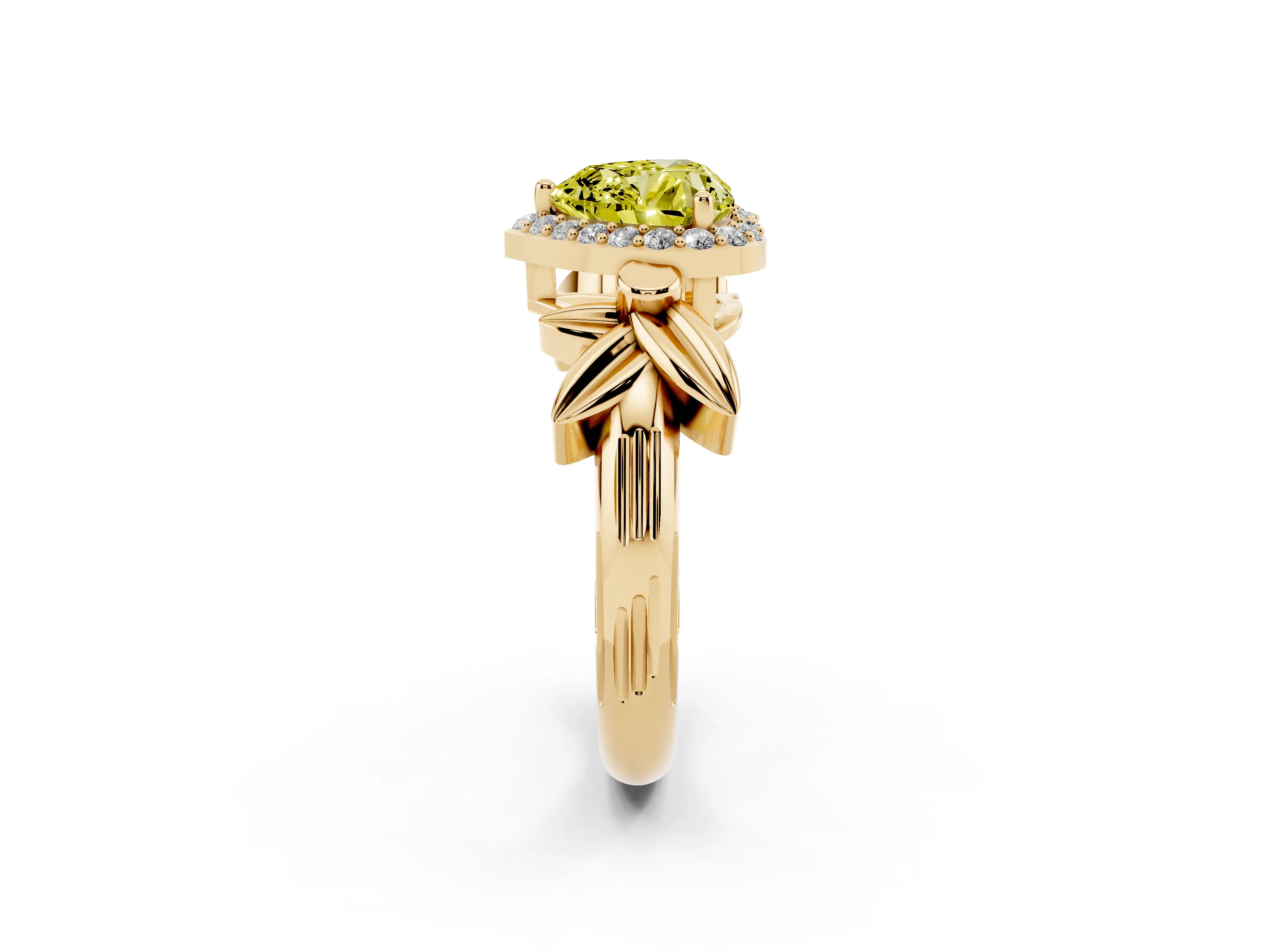 Fancy Yellow Heart Cut Diamond Halo Floral Band Ring Set in Yellow gold with Prong Setting