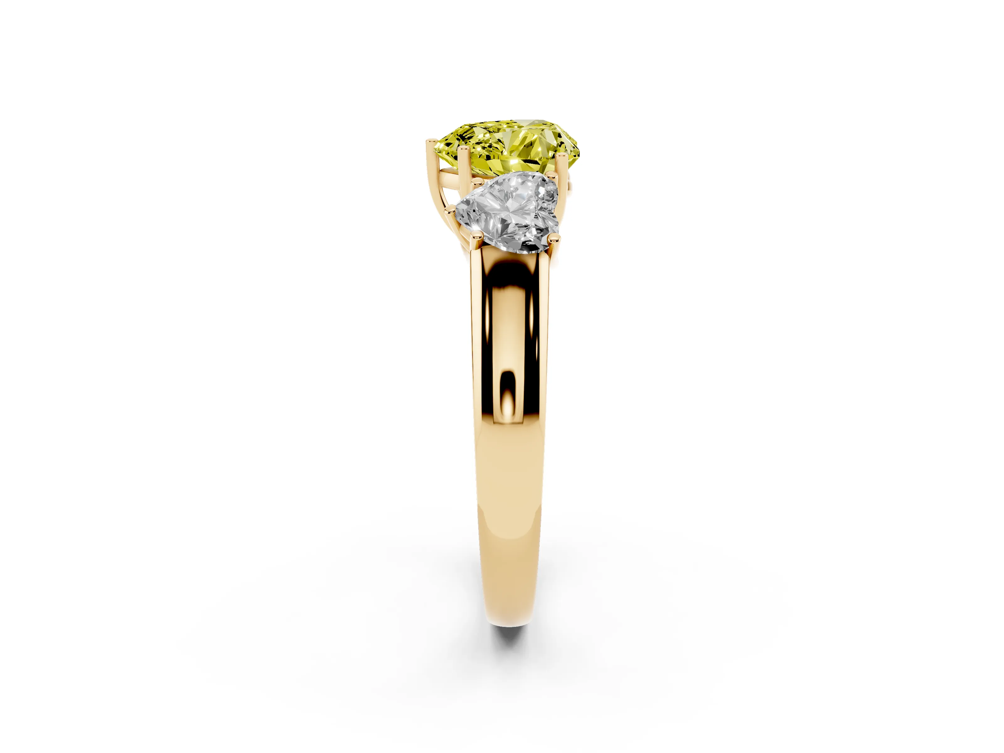 Fancy Yellow Three-Stone Heart Cut Diamond Ring Set in Yellow gold with Matching Prong Settings and Plain Band