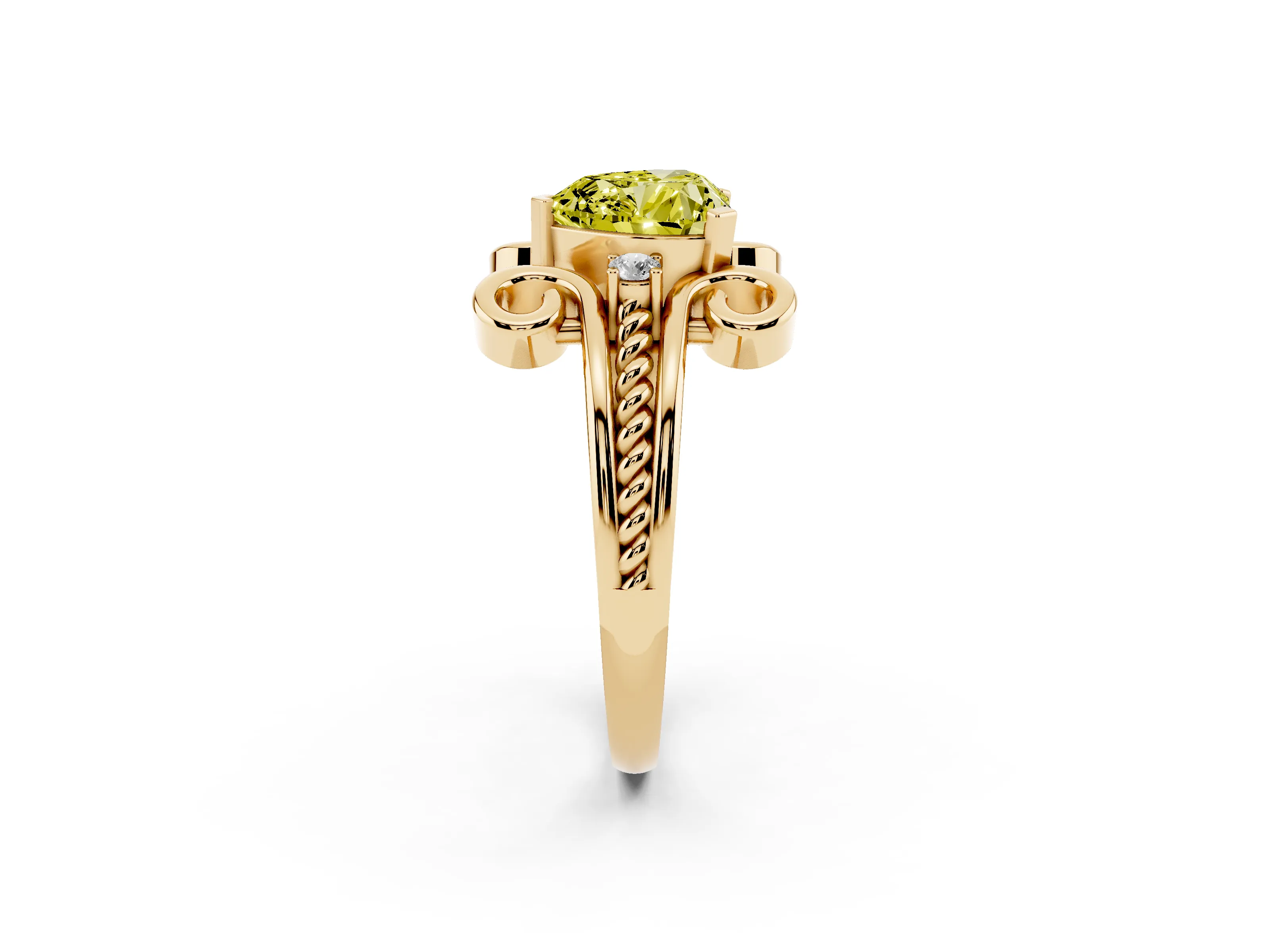 Fancy Yellow Heart Cut Diamond Twisted Band Solitaire Ring Set in Yellow gold with Scroll Prongs