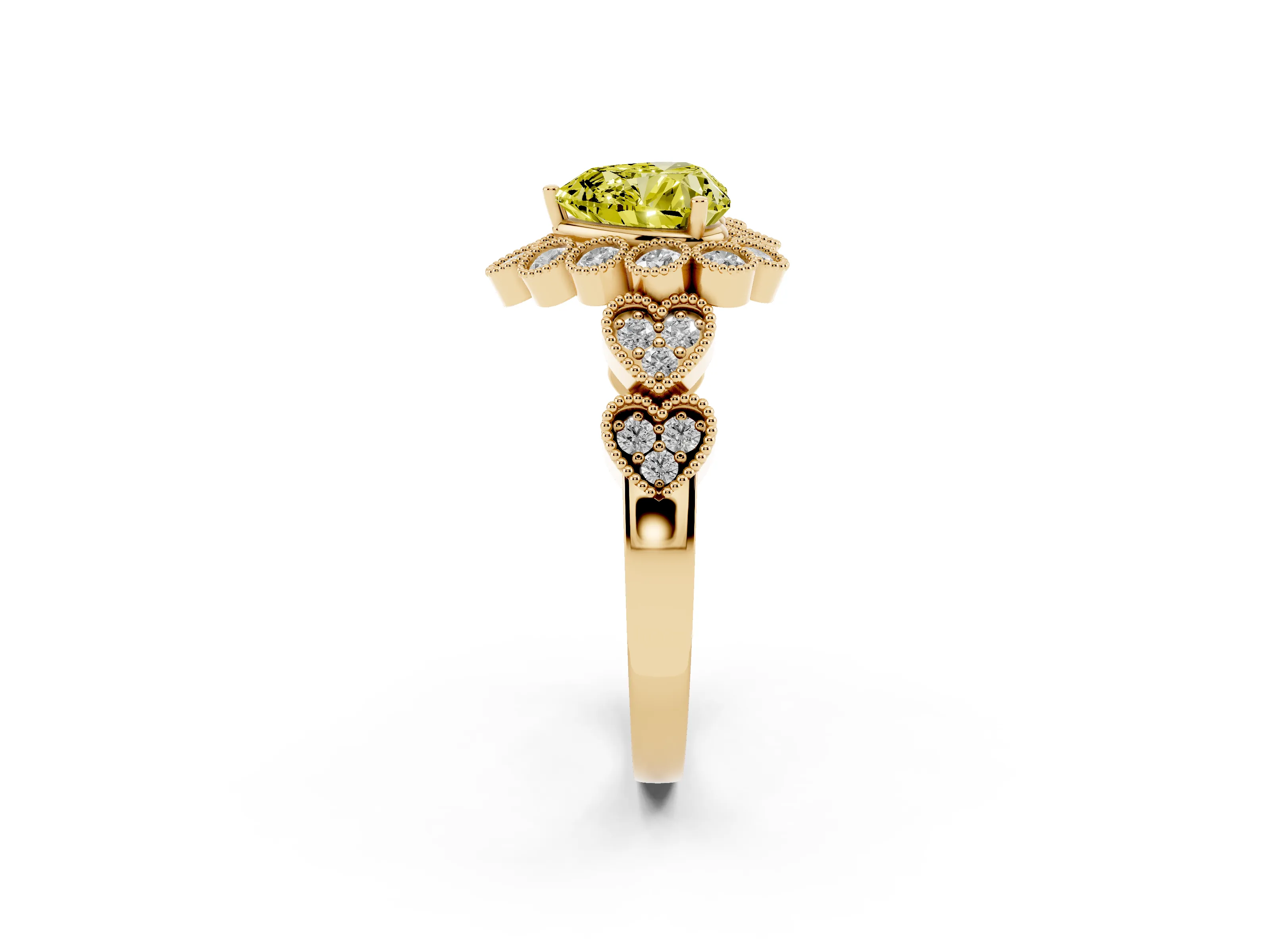 Fancy Yellow Heart Cut Diamond Solitaire Ring Set in Yellow gold with Milgrain Pavé Heart Band