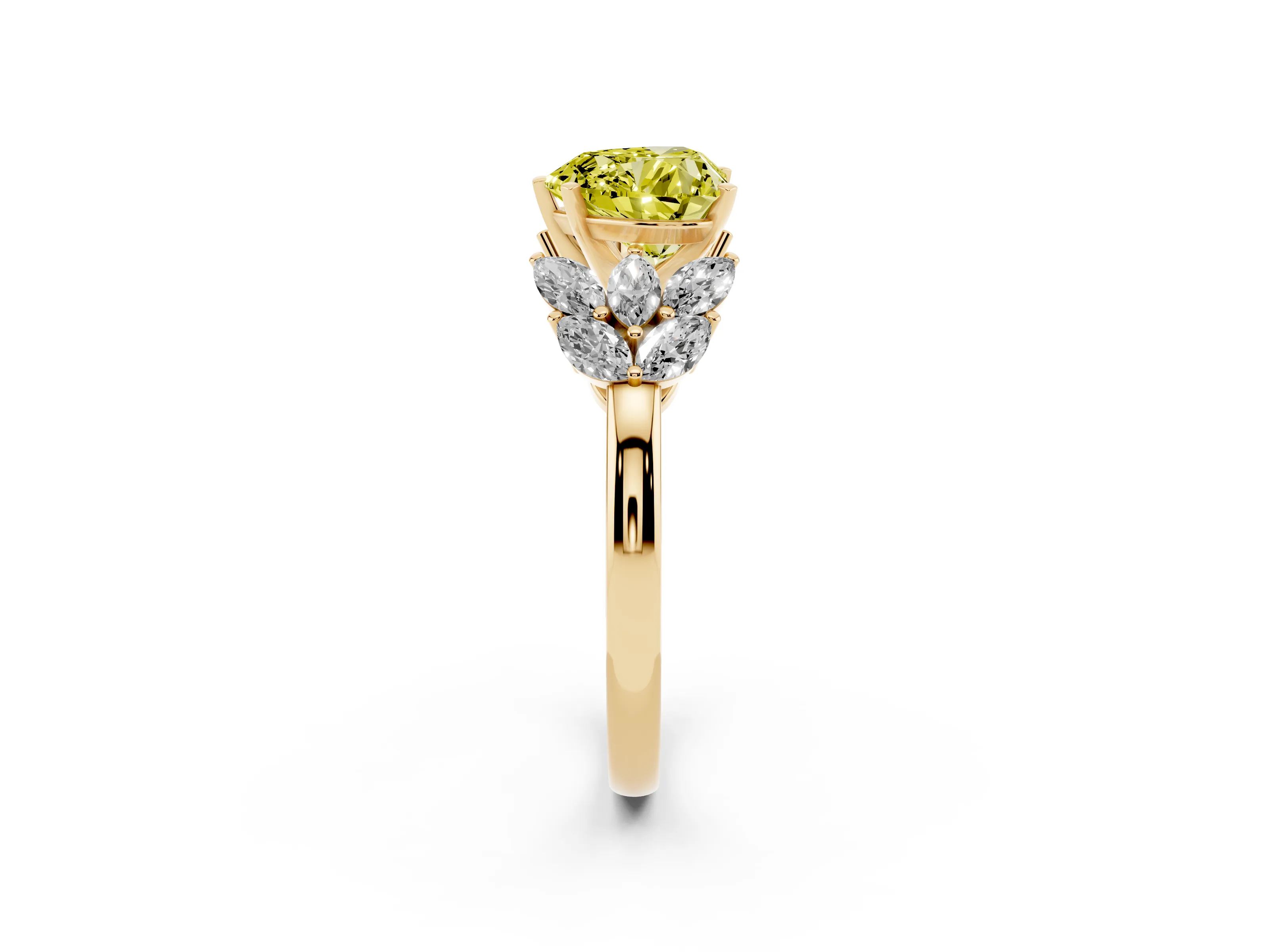Fancy Yellow Heart Cut Diamond Cluster Leaf Design Ring Set in Yellow gold with Prong Setting