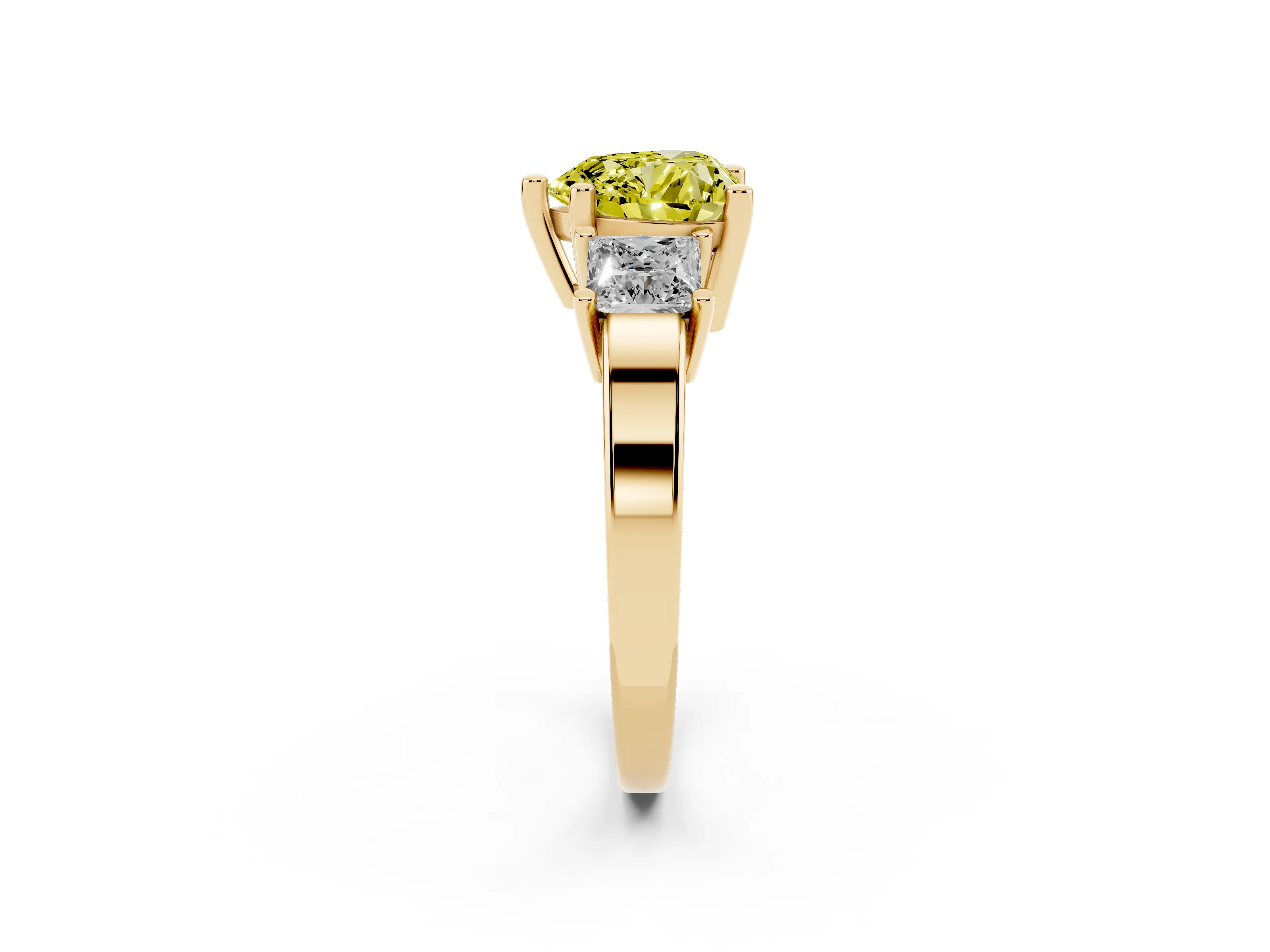 Fancy Yellow Three-Stone Heart Cut Diamond Solitaire Ring Set in Yellow gold with Prong Setting