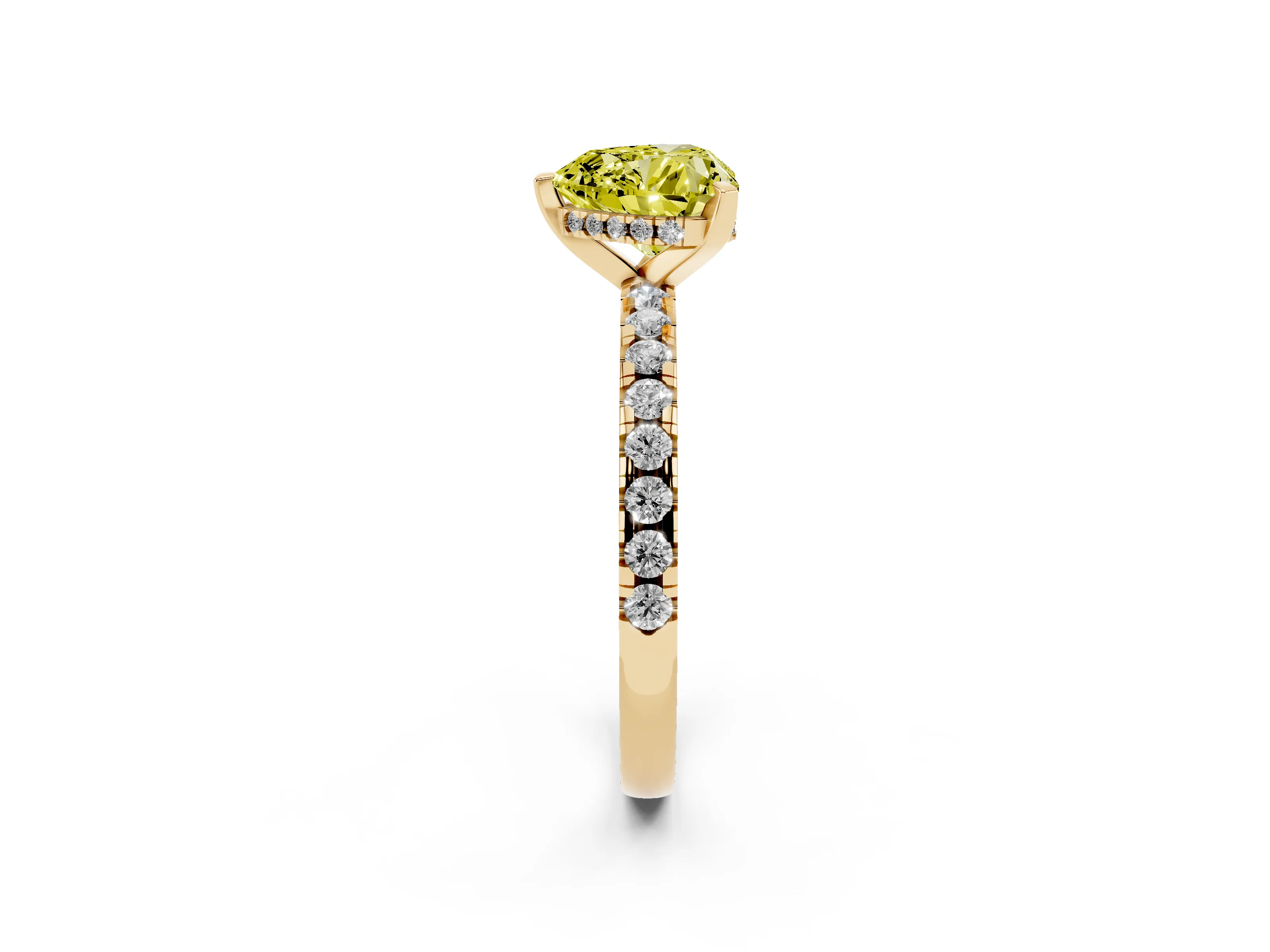 Fancy Yellow Heart Cut Diamond Pavé Solitaire Ring Set in Yellow gold with Round Band Accents and Prong Setting