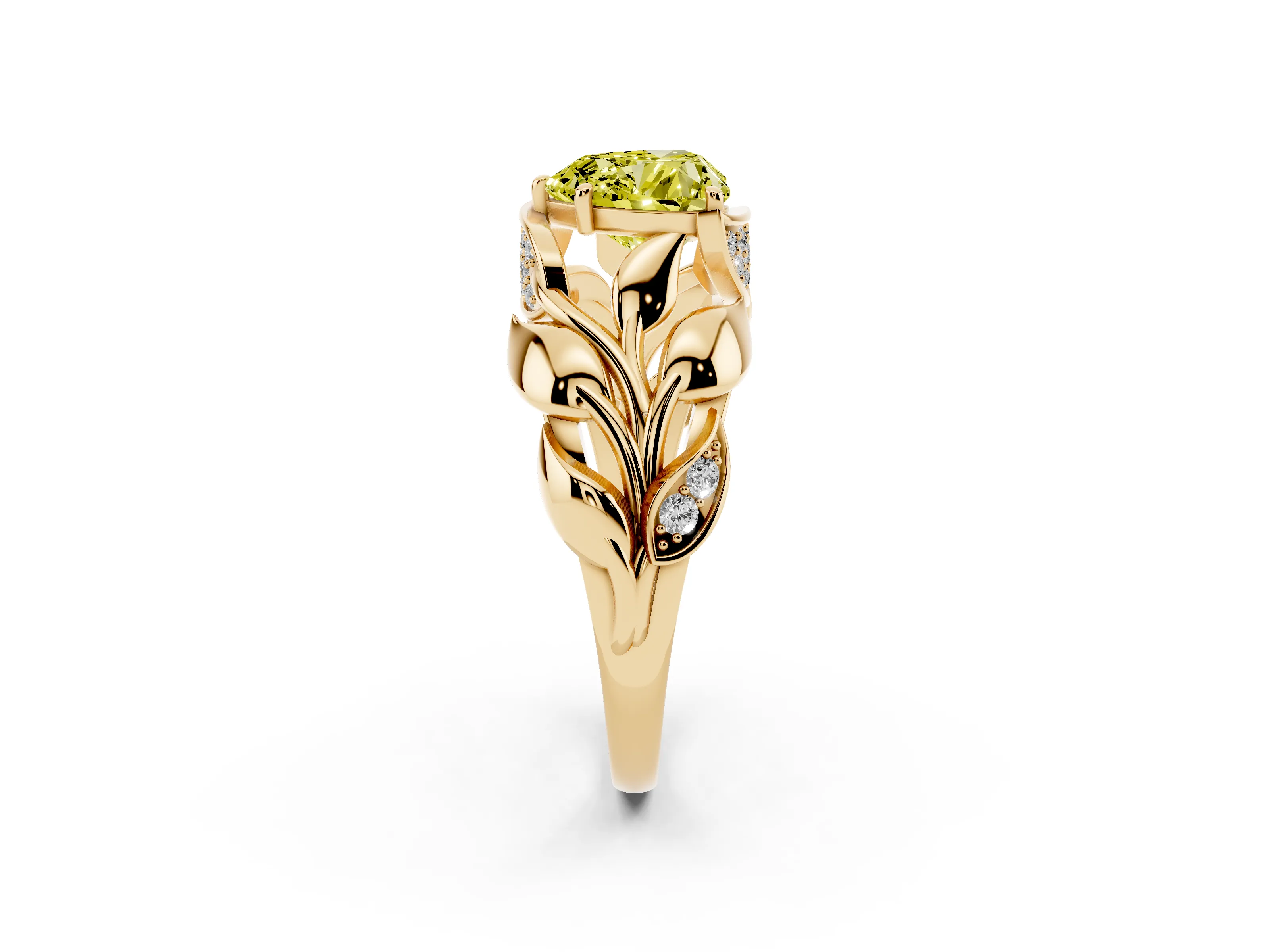 Fancy Yellow Heart Cut Diamond Leaf-Inspired Engagement Ring Set in Yellow gold with Round Accents