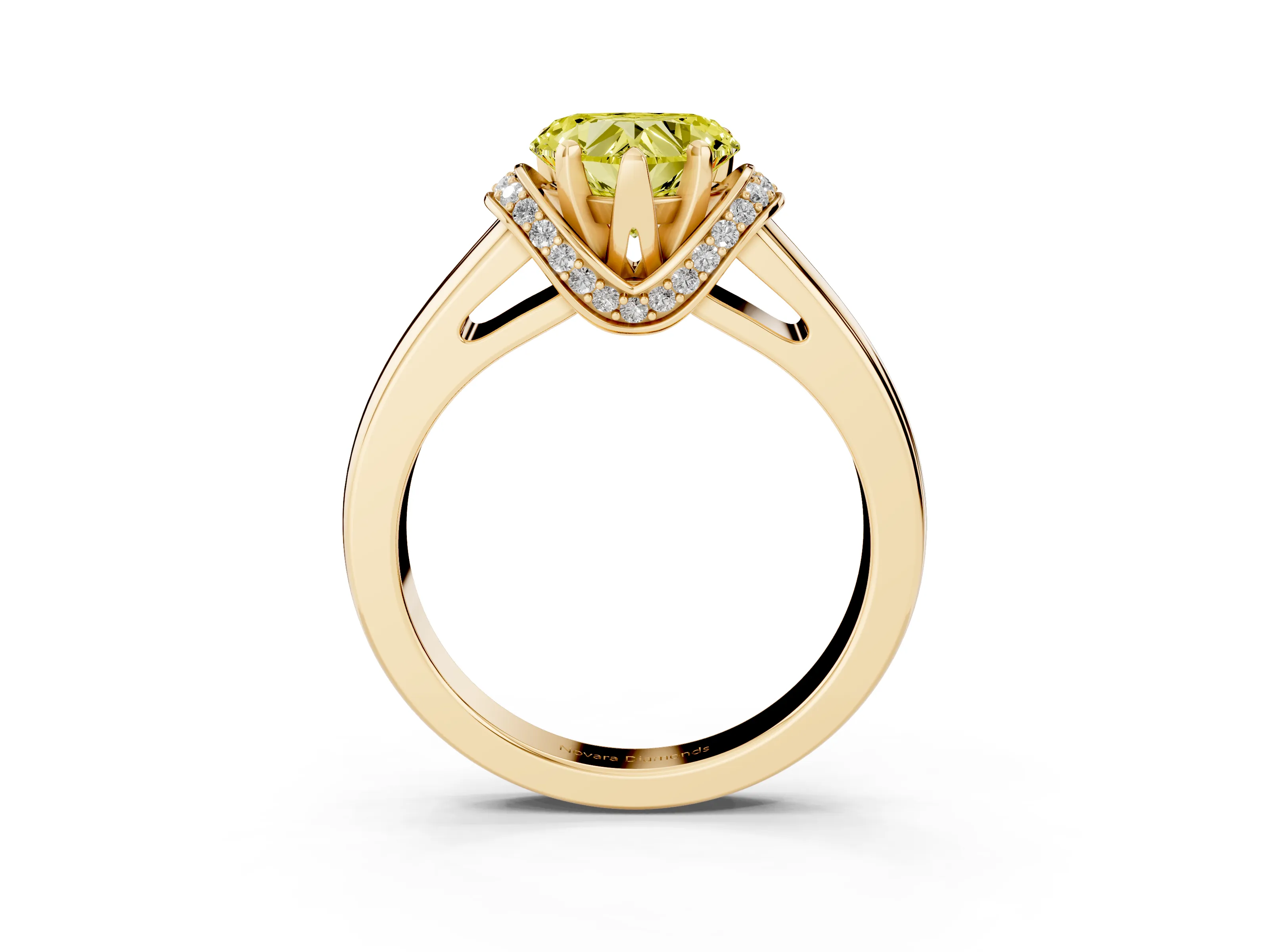 Fancy Yellow Heart Cut Diamond Pavé Band Solitaire Ring Set in Yellow gold with Prong Setting