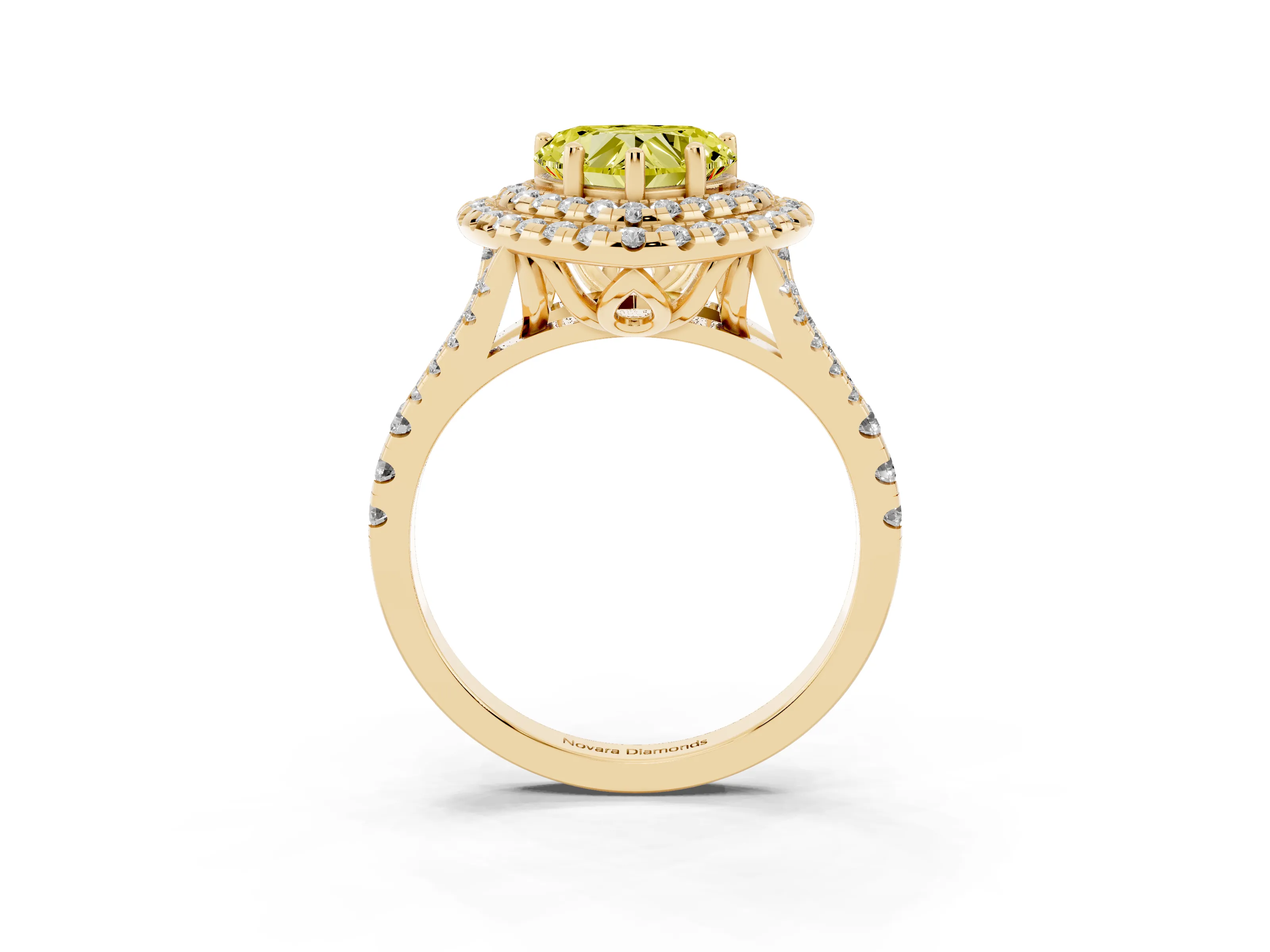 Fancy Yellow Heart Cut Diamond Double Halo Ring Set in Yellow gold with Pavé Split Shank and Prong Setting