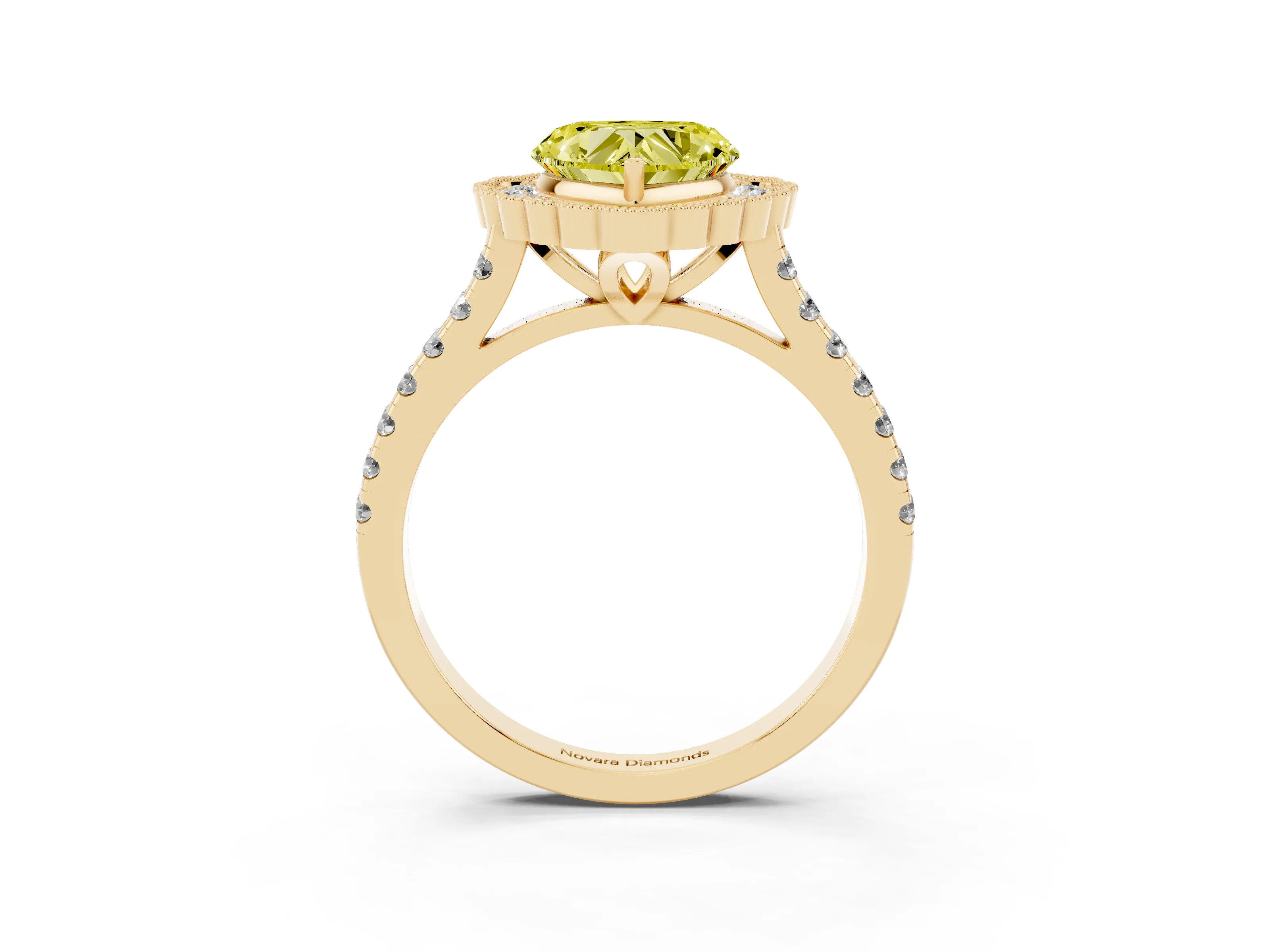 Fancy Yellow Heart Cut Diamond Milgrain Floral Halo Engagement Ring Set in Yellow gold with Pavé Band