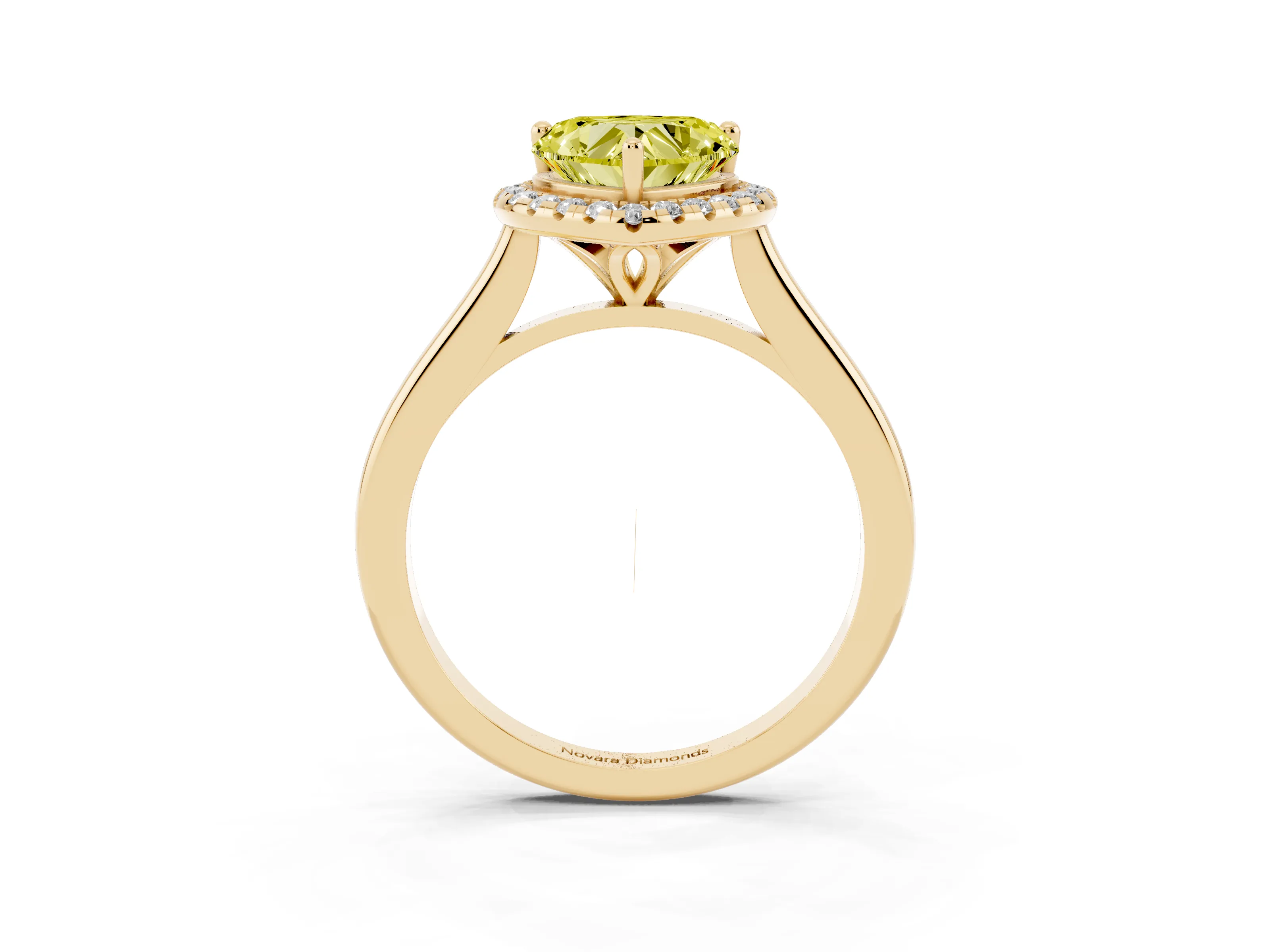Fancy Yellow Heart Cut Diamond Halo Engagement Ring Set in Yellow gold with Pavé Band and Rising Shoulders