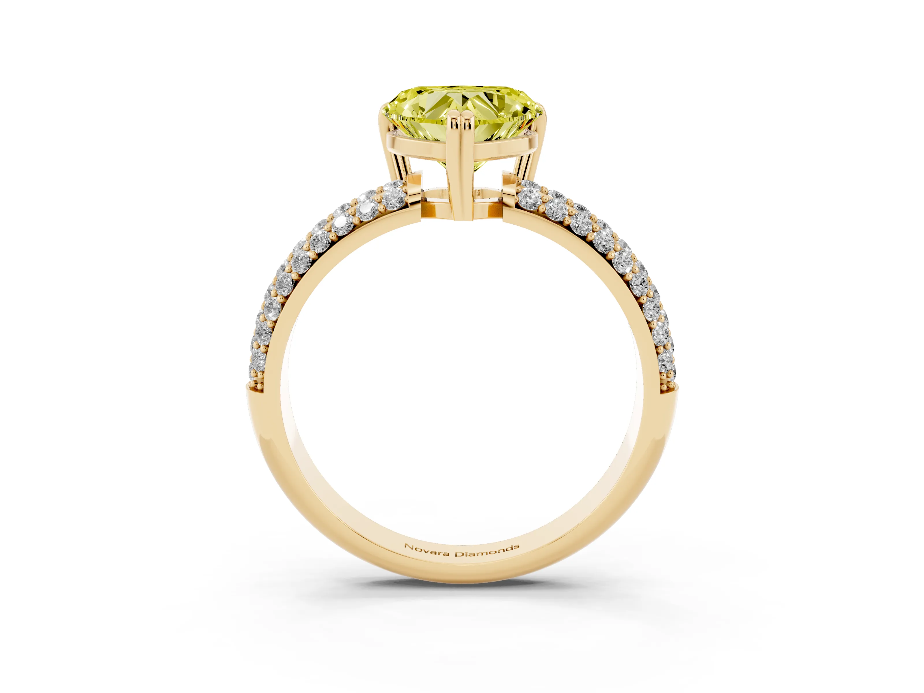 Fancy Yellow Heart Cut Diamond Solitaire Ring Set in Yellow gold with Multi-Row Round Pavé Band and Prong Setting