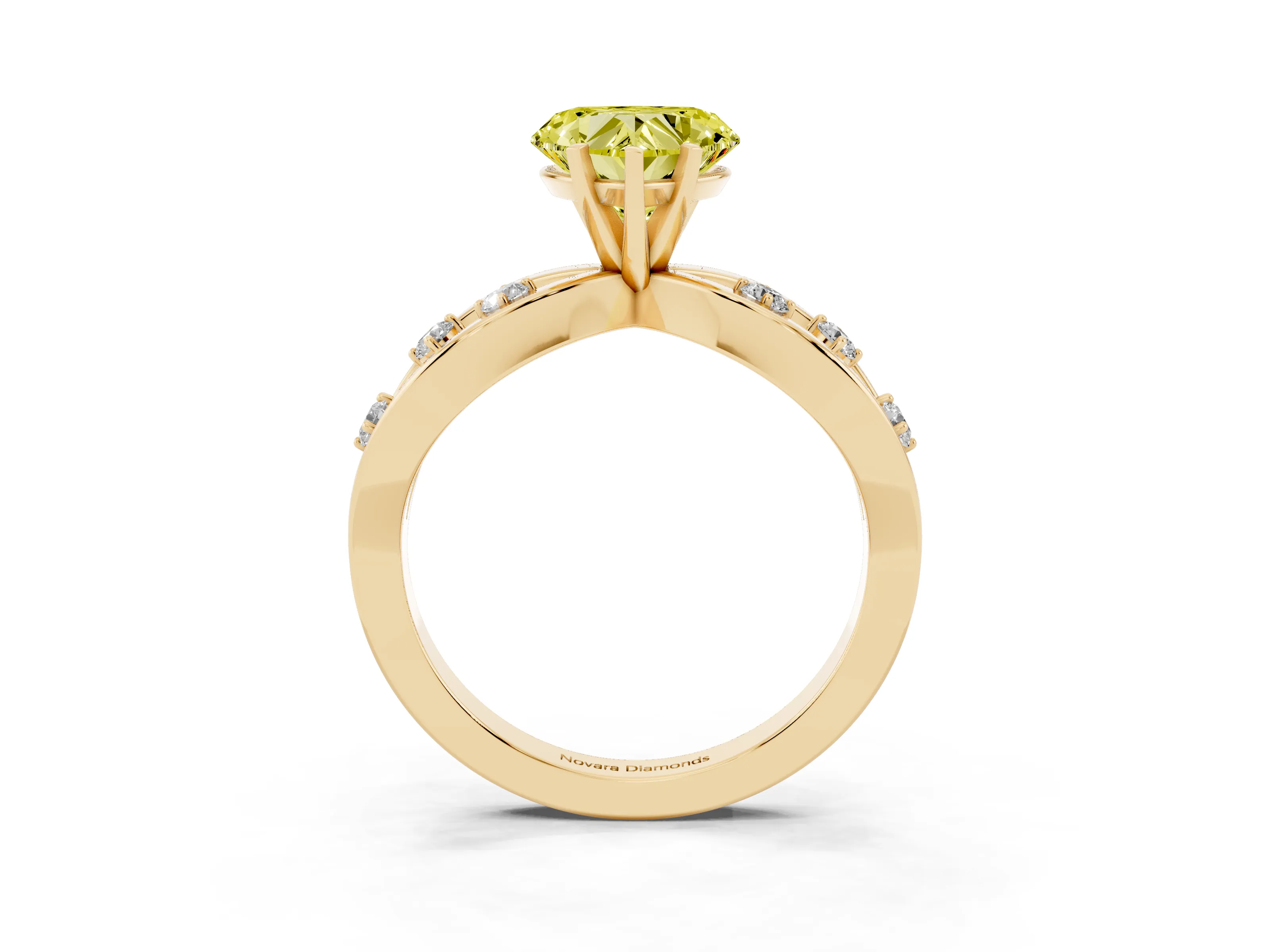 Fancy Yellow Heart Cut Diamond Solitaire Ring Set in Yellow gold with Side Stones on Criss-Cross Band and Prong Setting