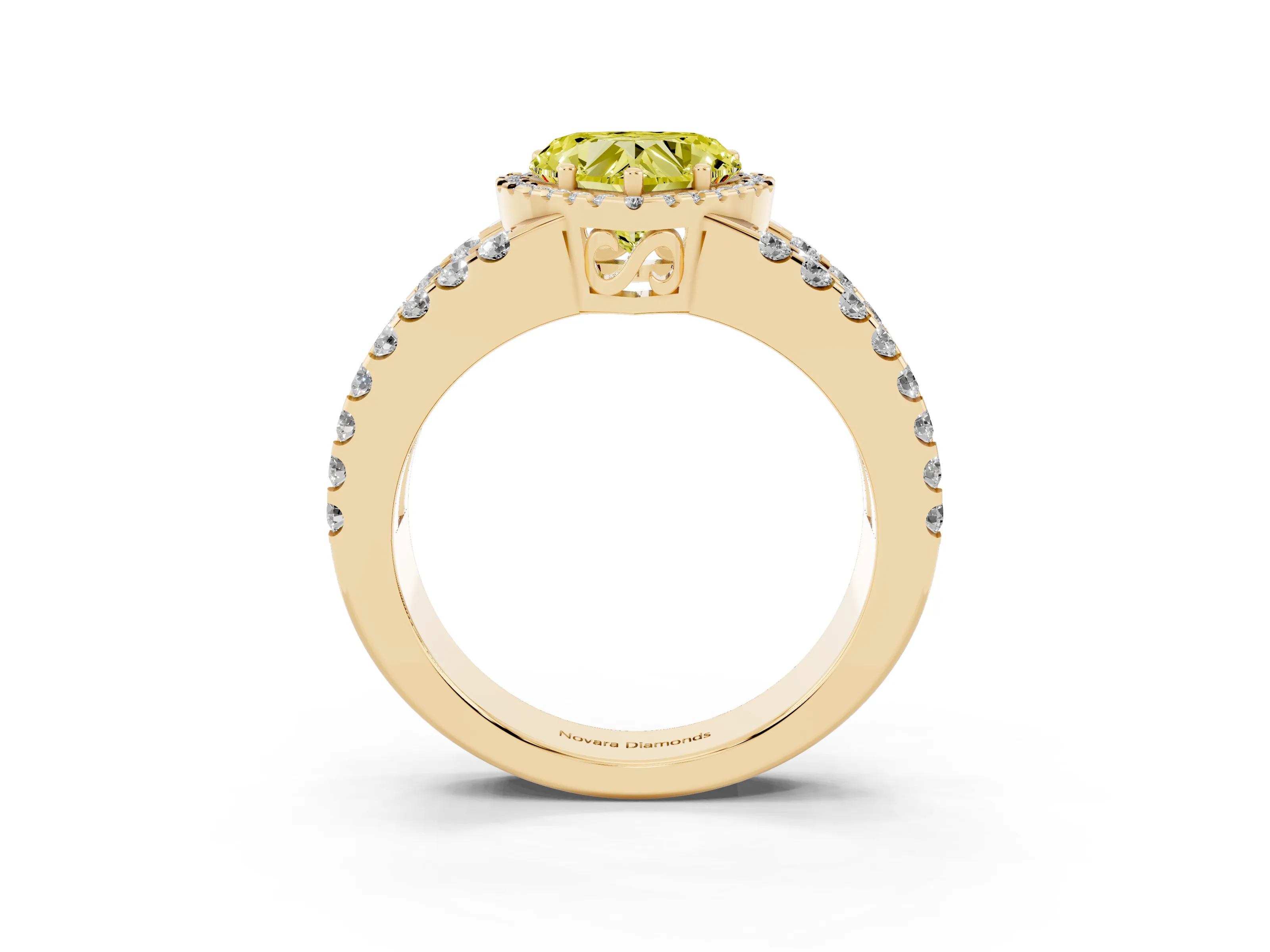 Fancy Yellow Heart Cut Diamond Halo Ring Set in Yellow gold with Pavé Split Shank and Prong Setting