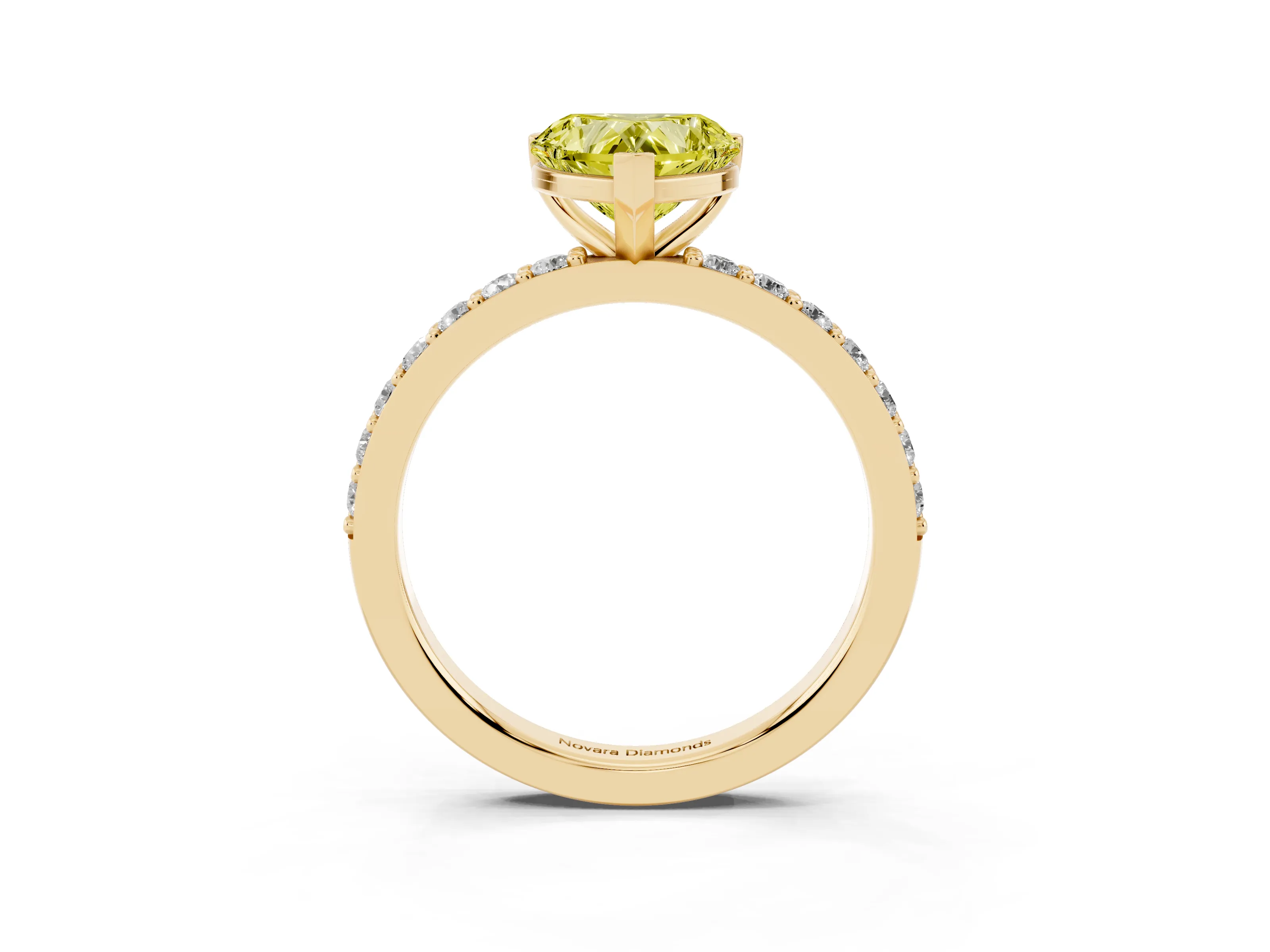 Fancy Yellow Heart Cut Diamond Solitaire Set in Yellow gold with Round Pavé Band and Prong Setting