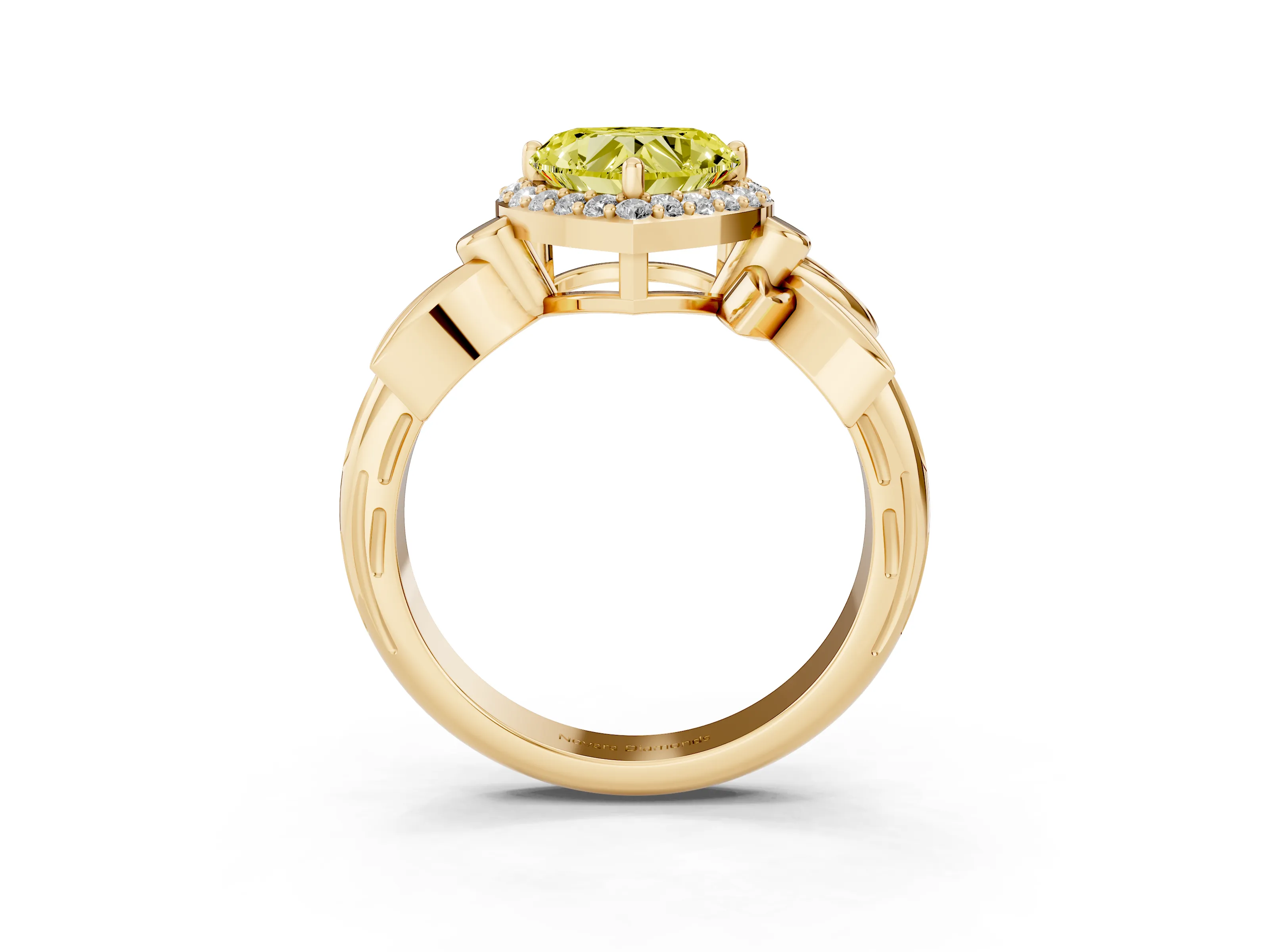 Fancy Yellow Heart Cut Diamond Halo Floral Band Ring Set in Yellow gold with Prong Setting