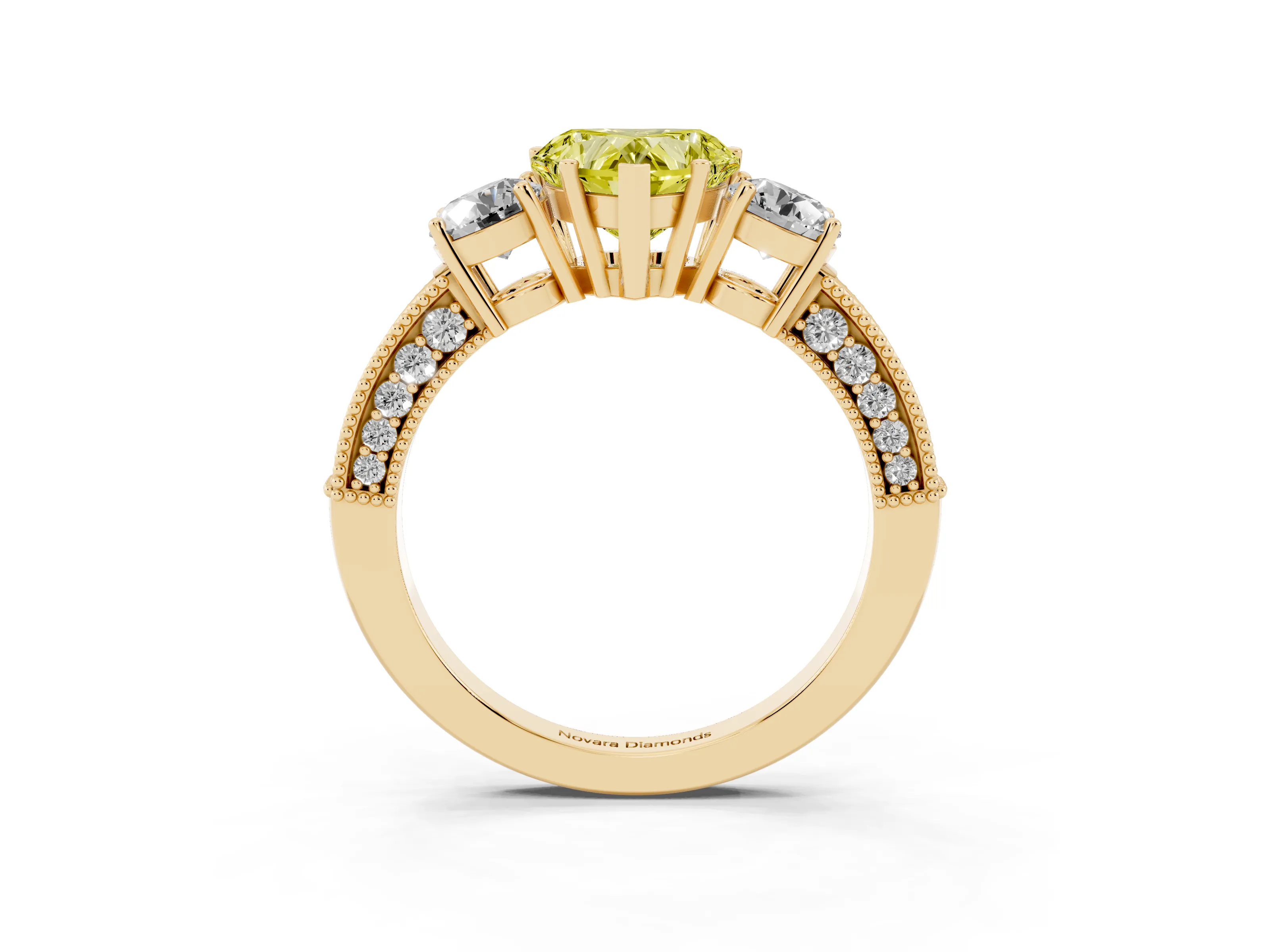 Fancy Yellow Heart Cut Diamond Three-Stone Ring Set in Yellow gold with Round Side Stones and Pavé Band