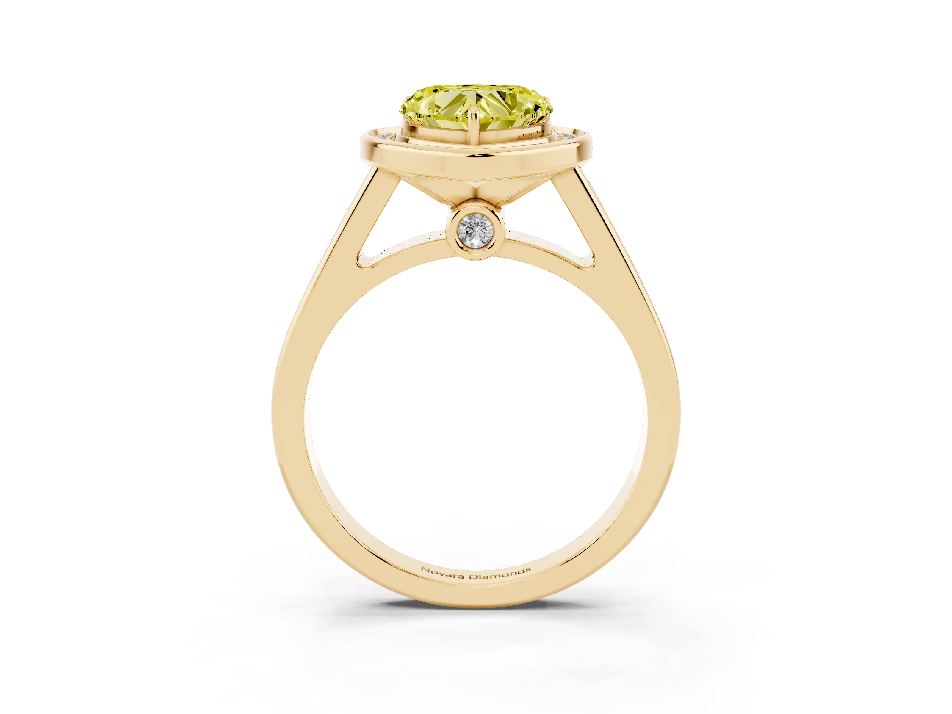 Fancy Yellow Heart Cut Diamond Halo Solitaire Ring Set in Yellow gold with Pavé Band and Bezel Setting