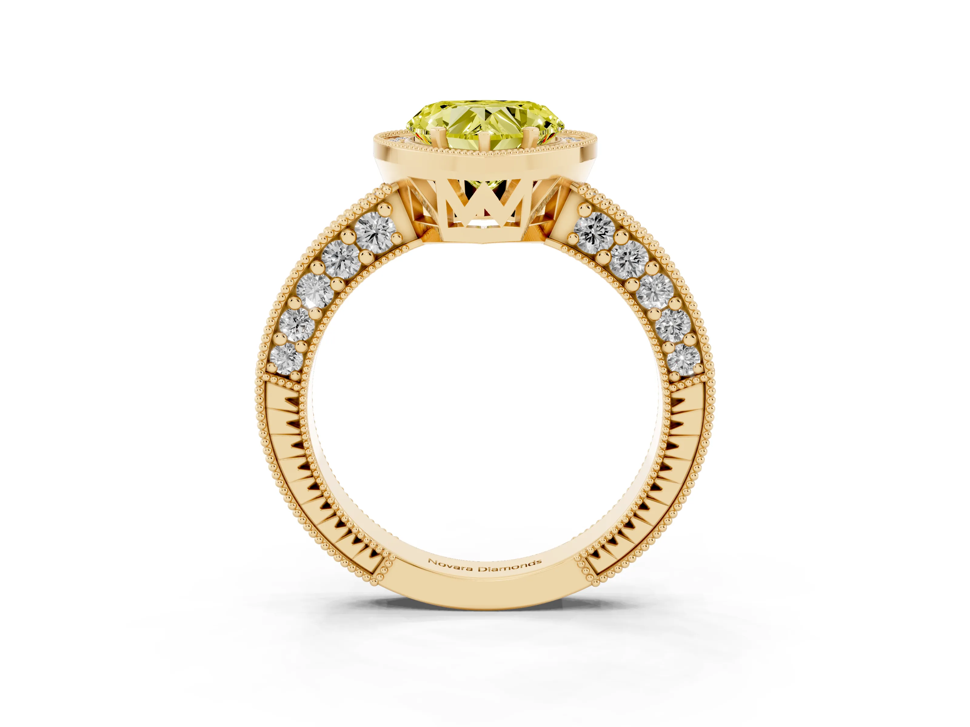 Fancy Yellow Heart Cut Diamond Halo Pavé Band Ring Set in Yellow gold with Prong-Set Center