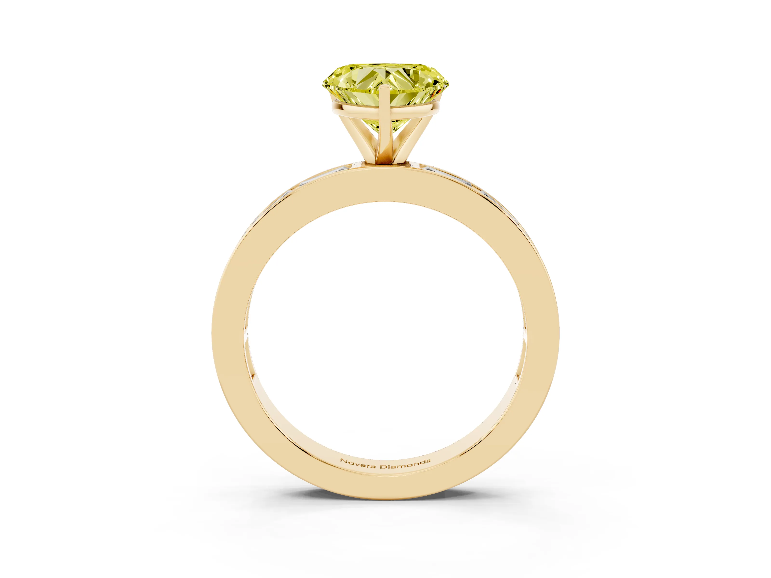 Fancy Yellow Heart Cut Diamond Solitaire Ring Set in Yellow gold with Channel-Set Baguette Band and Prong Setting