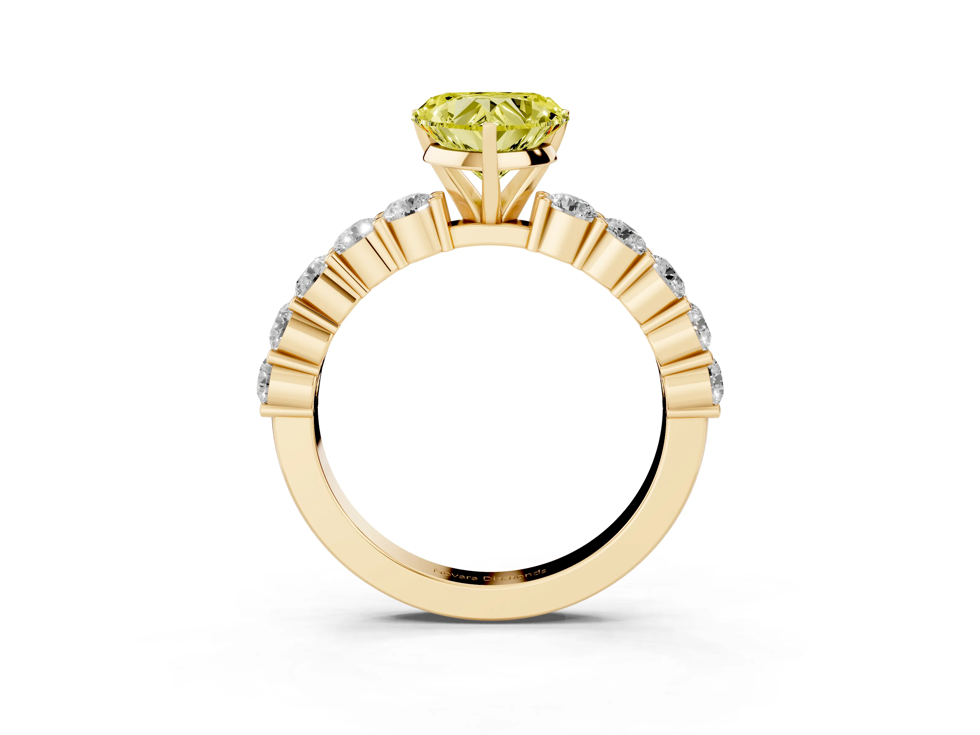 Fancy Yellow Heart Cut Diamond Solitaire Ring Set in Yellow gold with Shared Prong Round Side Stones