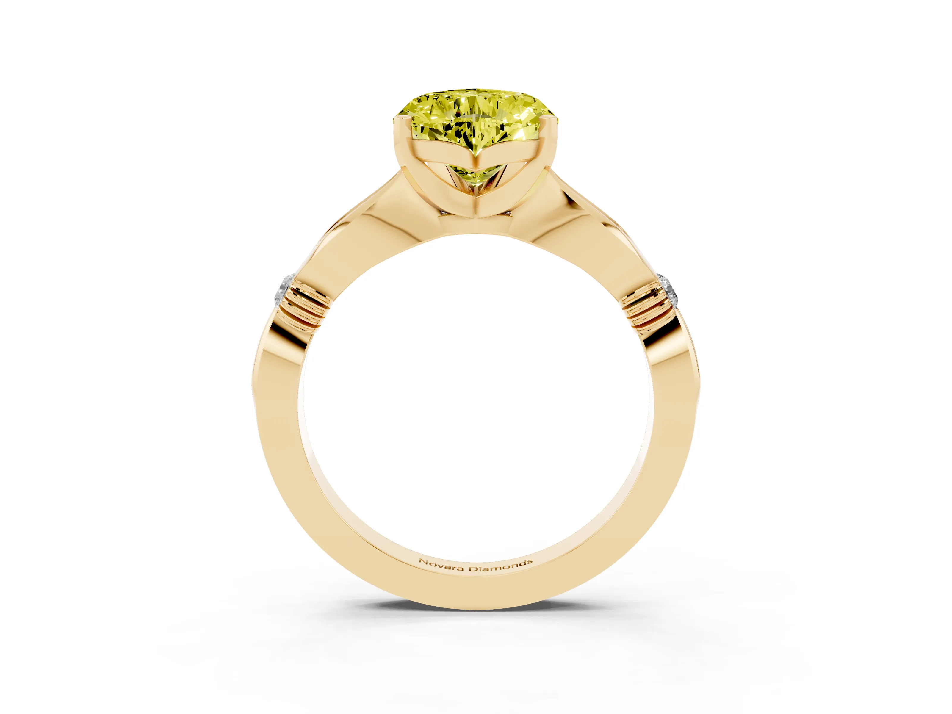 Fancy Yellow Heart Cut Diamond Solitaire Twisted Band Ring Set in Yellow gold with Accent Stones and Prong Setting