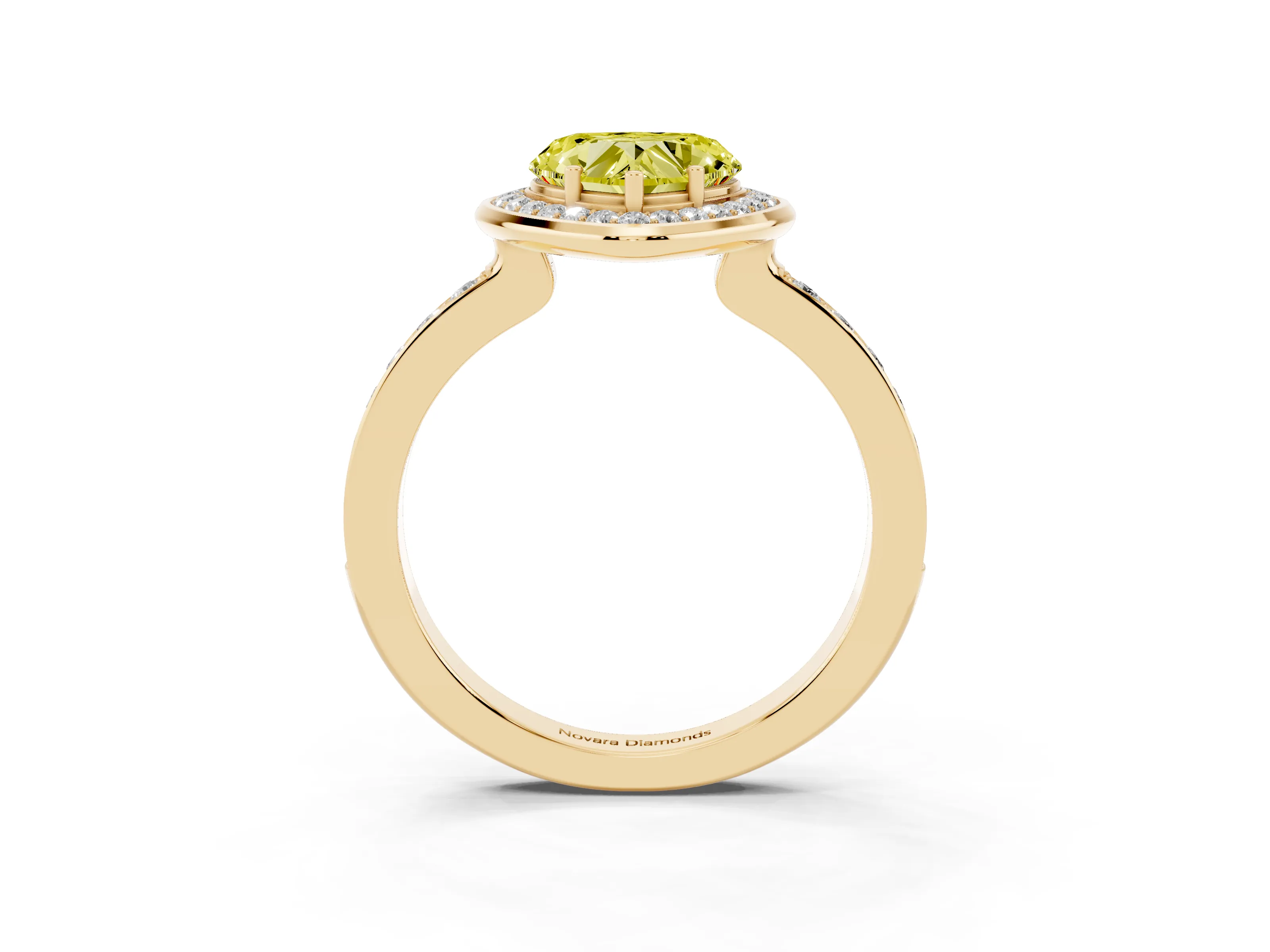 Fancy Yellow Heart Cut Diamond Halo Ring Set in Yellow gold with Bezel Frame and Pavé Band
