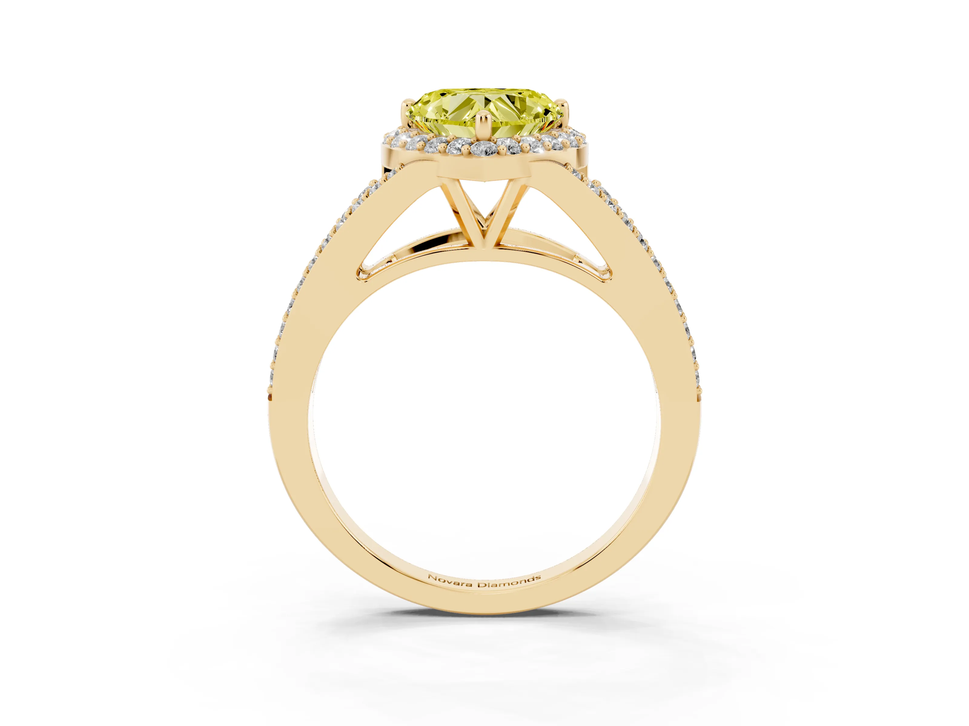 Fancy Yellow Heart Cut Diamond Halo Split Shank Pavé Ring Set in Yellow gold with Prong Setting