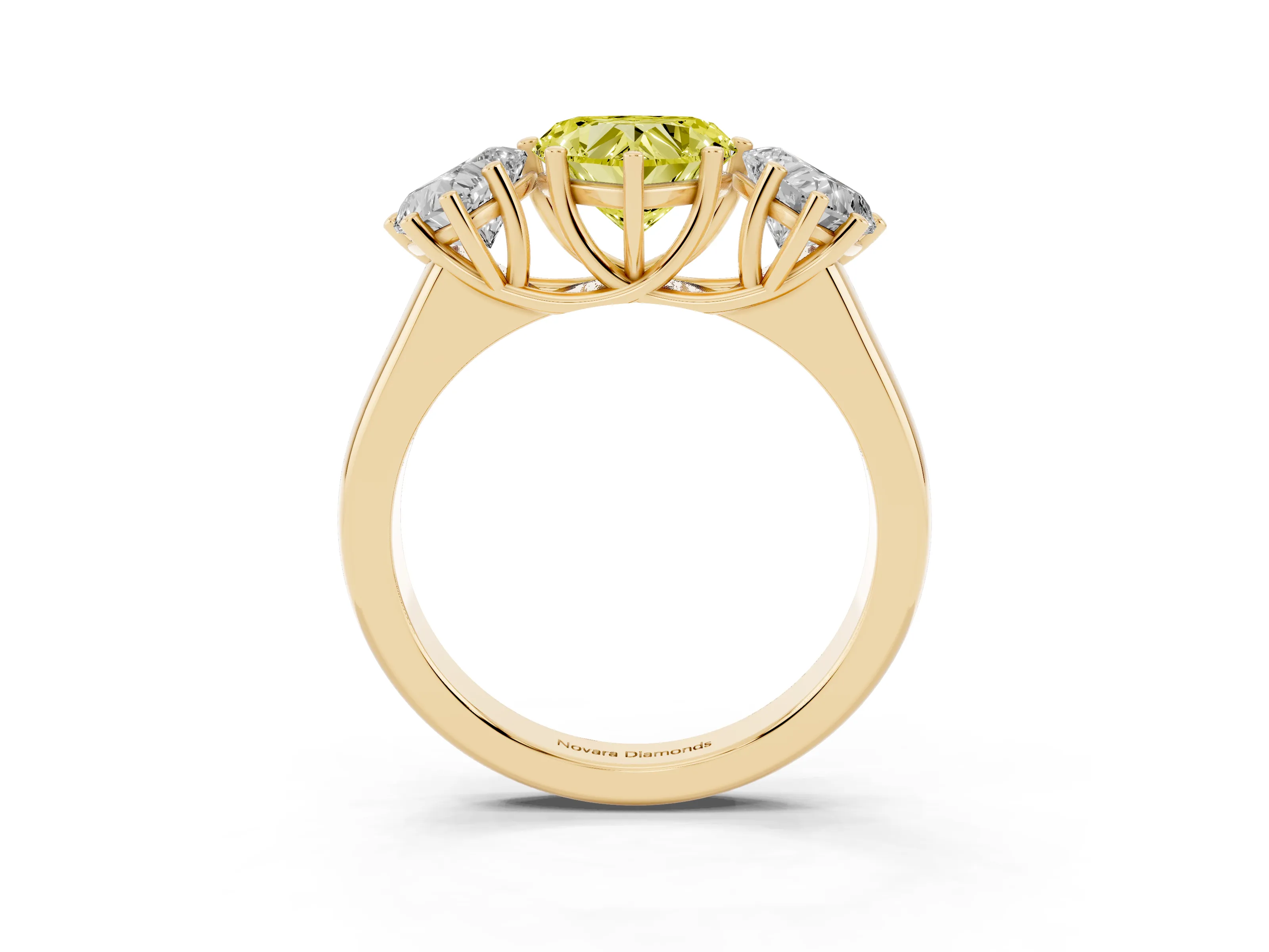Fancy Yellow Heart Cut Diamond Three-Stone Ring Set in Yellow gold with Plain Polished Band