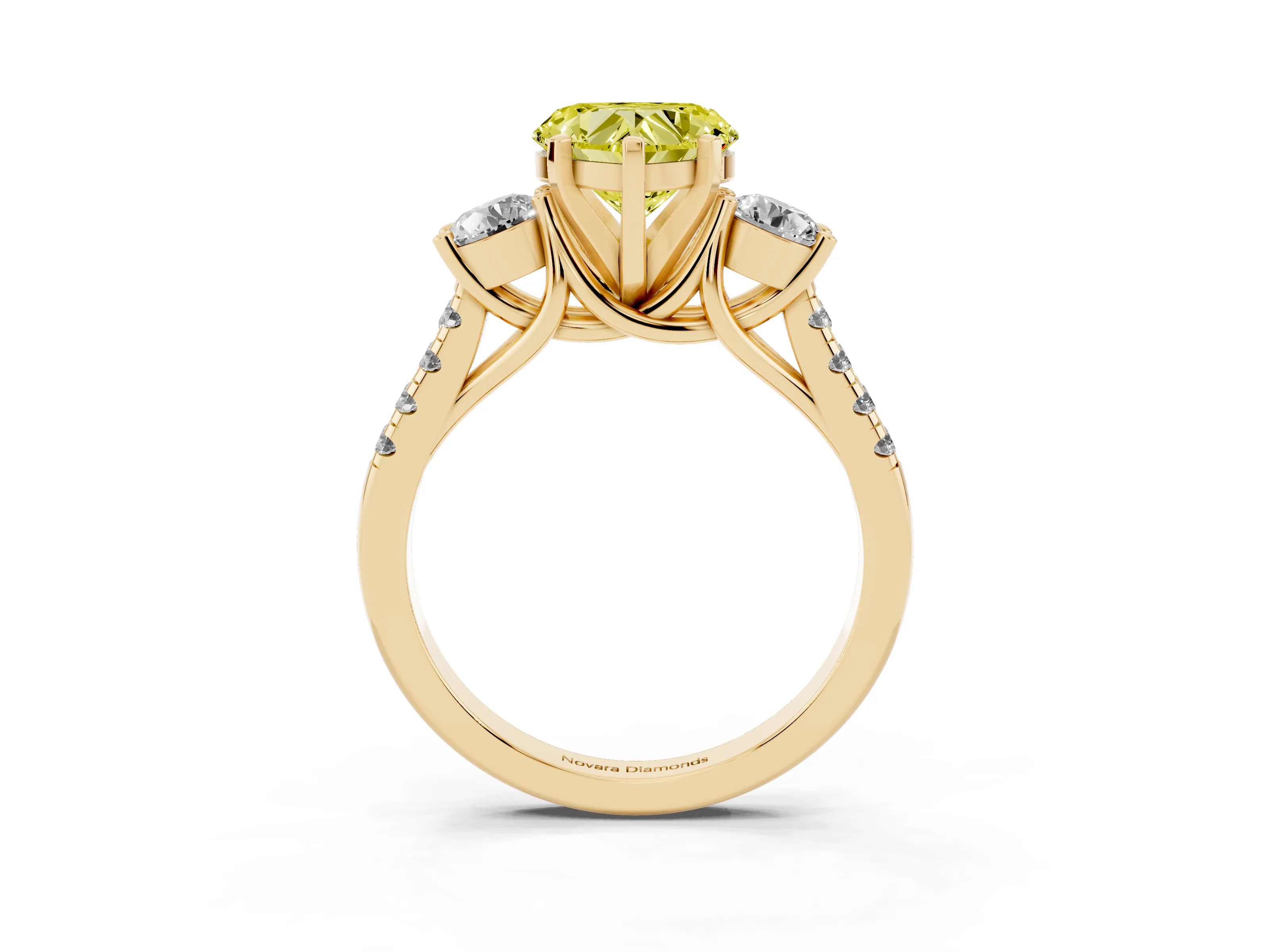 Fancy Yellow Three-Stone Heart Cut Diamond Pavé Band Ring Set in Yellow gold with Prong-Set Trio