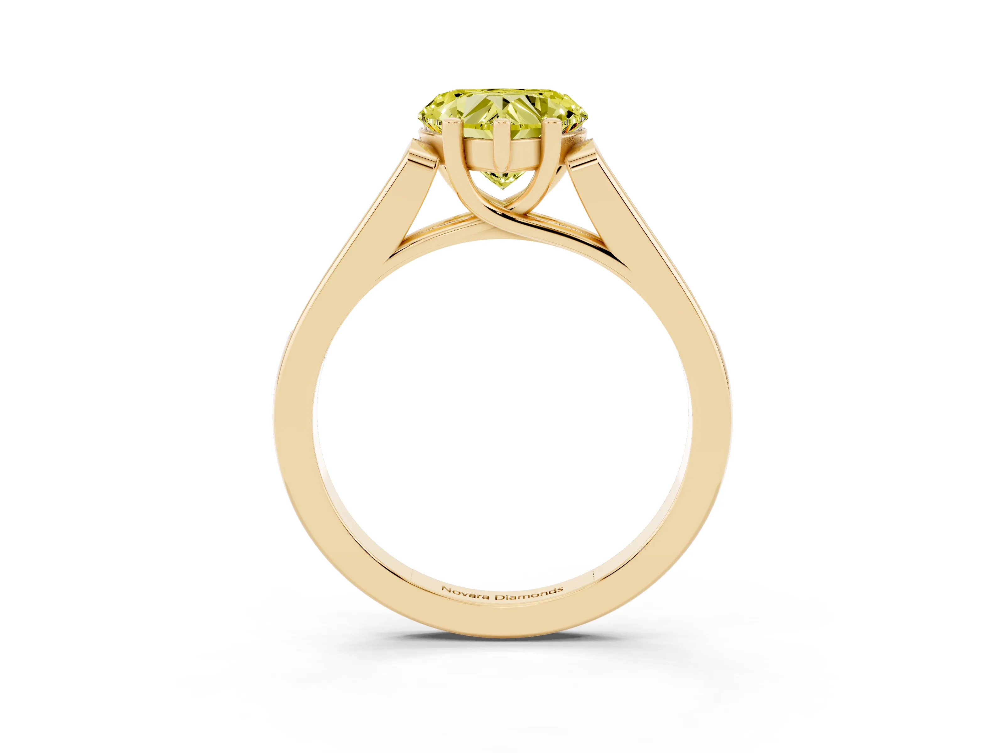 Fancy Yellow Heart Cut Diamond Solitaire Cathedral Engagement Ring Set in Yellow gold with Channel-Set Band and Prong Setting
