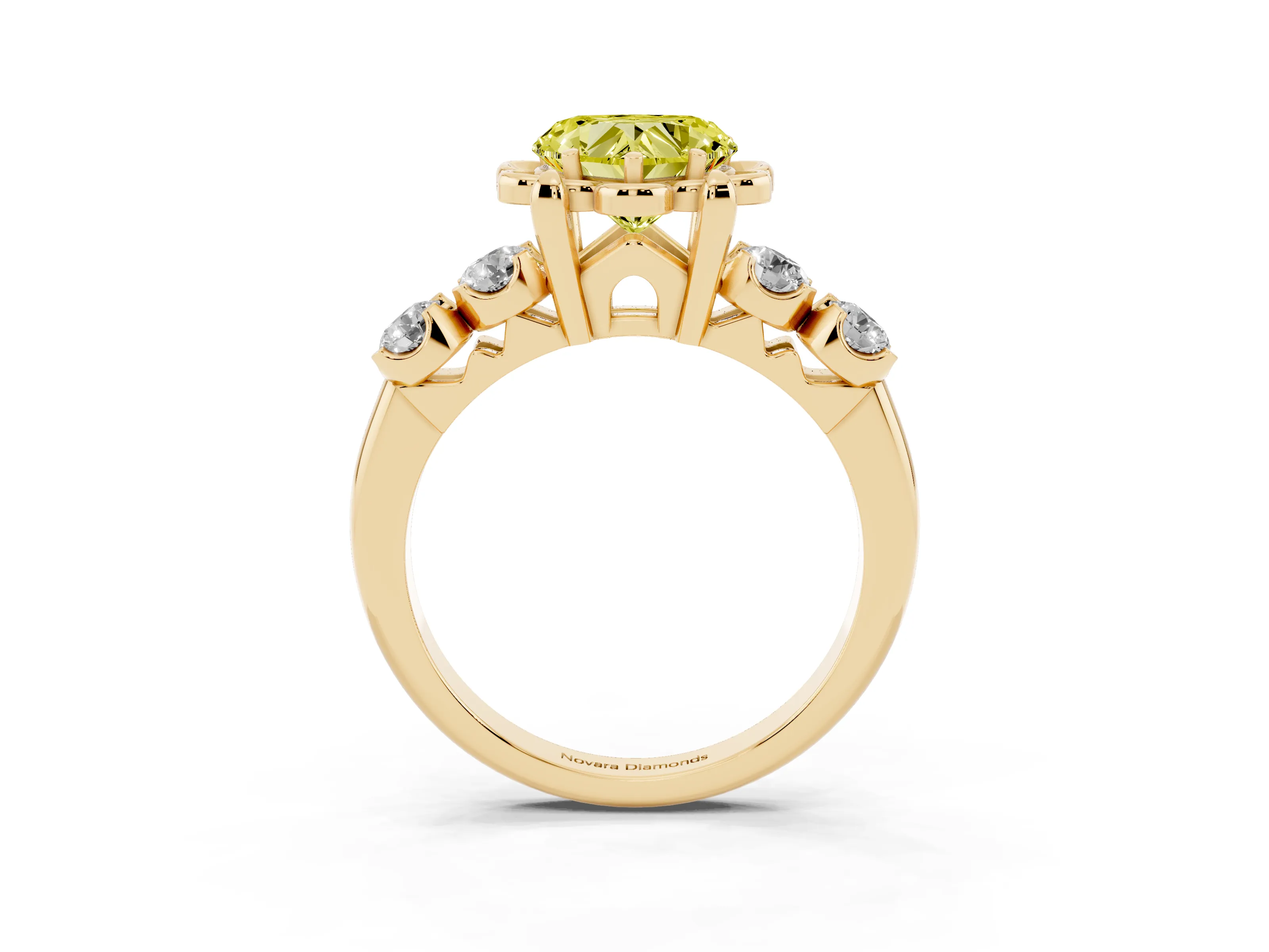 Fancy Yellow Heart Cut Diamond Floral Halo Ring Set in Yellow gold with Shared Prong Band