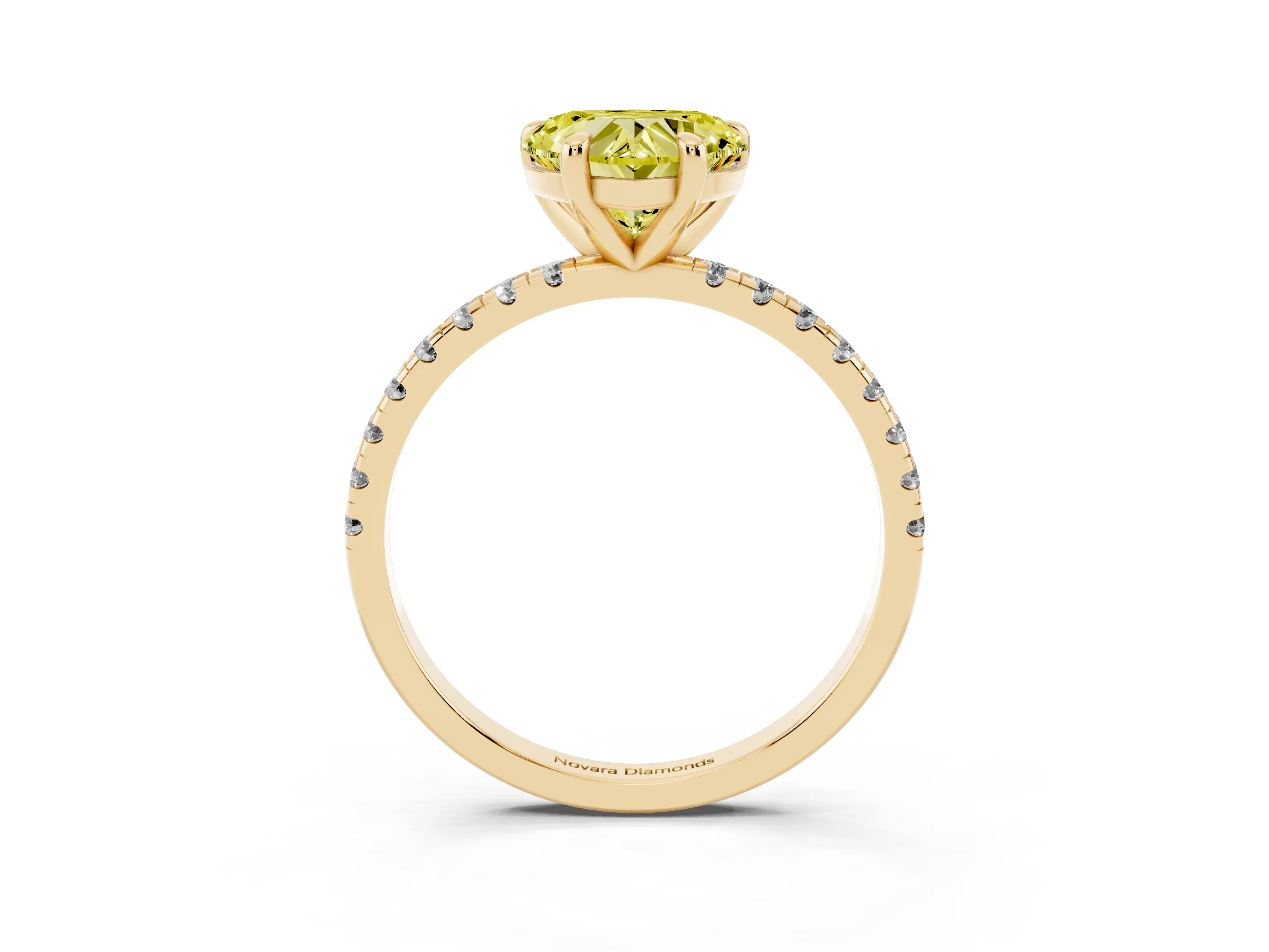 Fancy Yellow Heart Cut Diamond Brilliant Solitaire Ring Set in Yellow gold with Pavé Band and Prong Setting