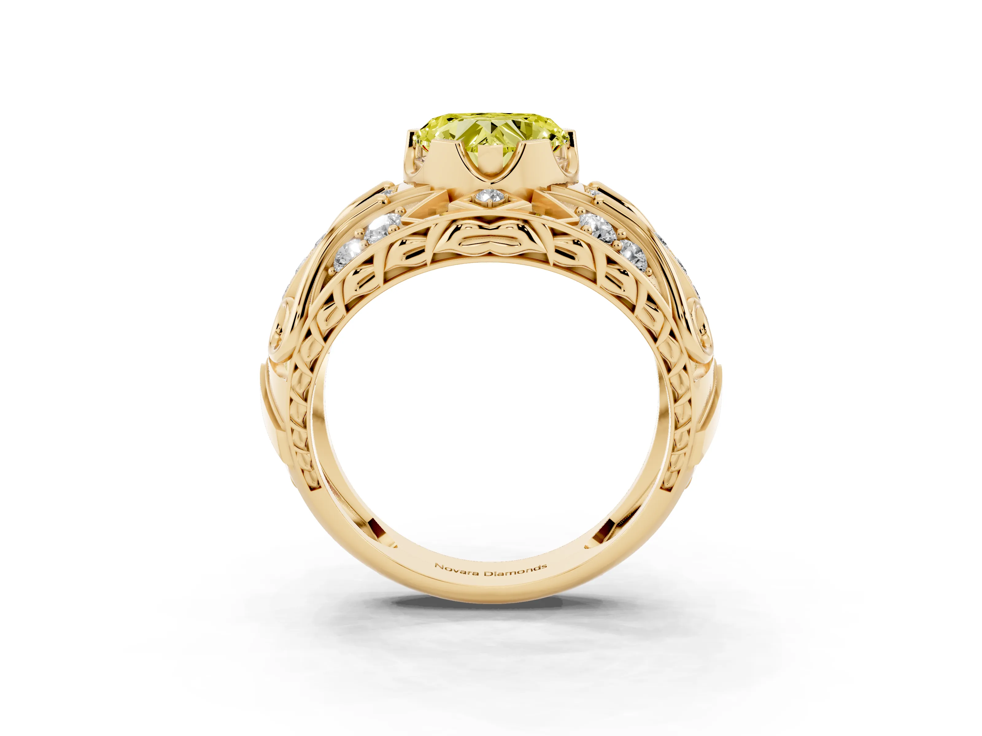 Fancy Yellow Heart Cut Diamond Art Deco Ring Set in Yellow gold with Pavé Split Shank