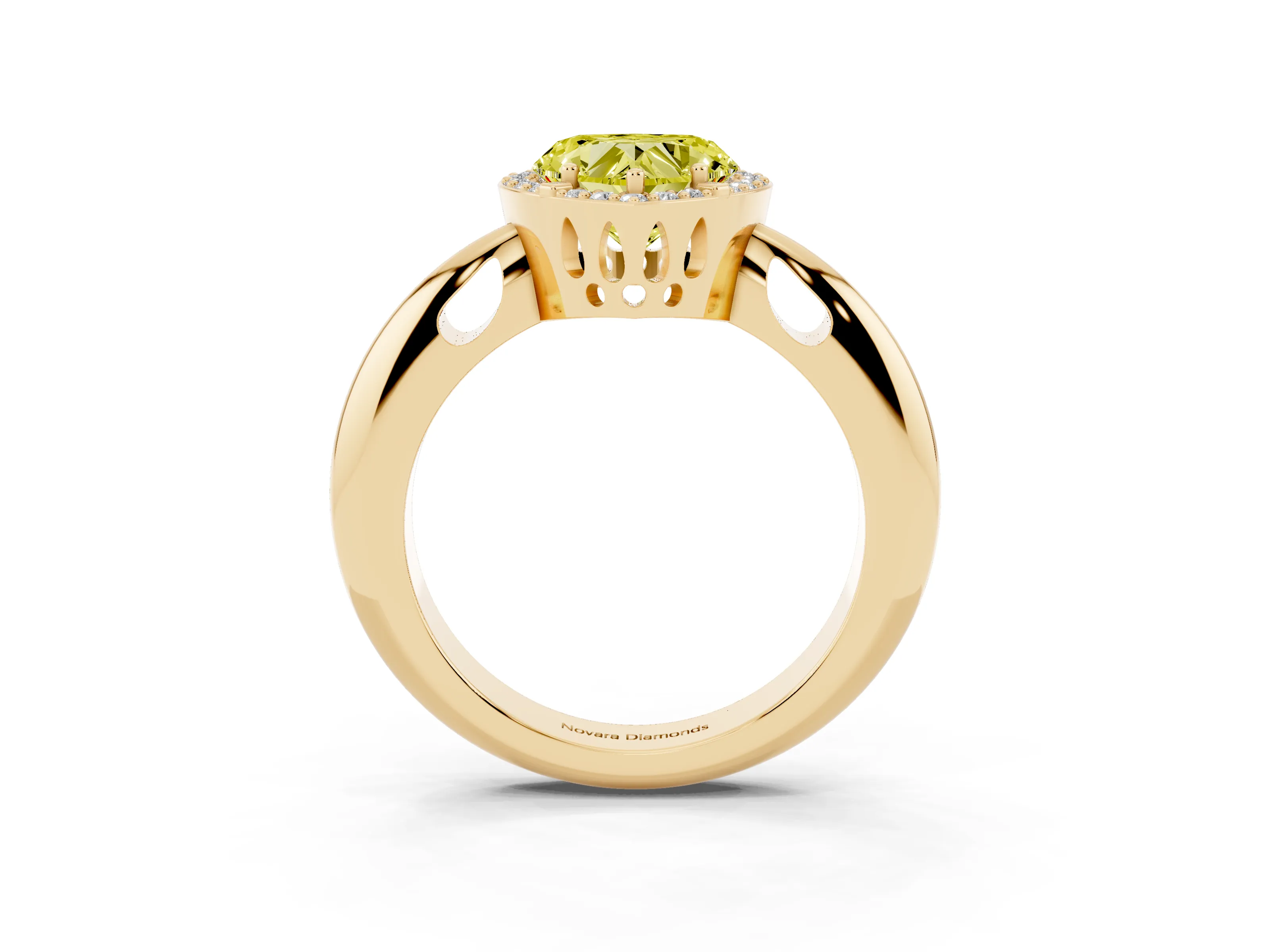 Fancy Yellow Heart Cut Diamond Halo Engagement Ring Set in Yellow gold with Plain Split Shank and Prong Setting