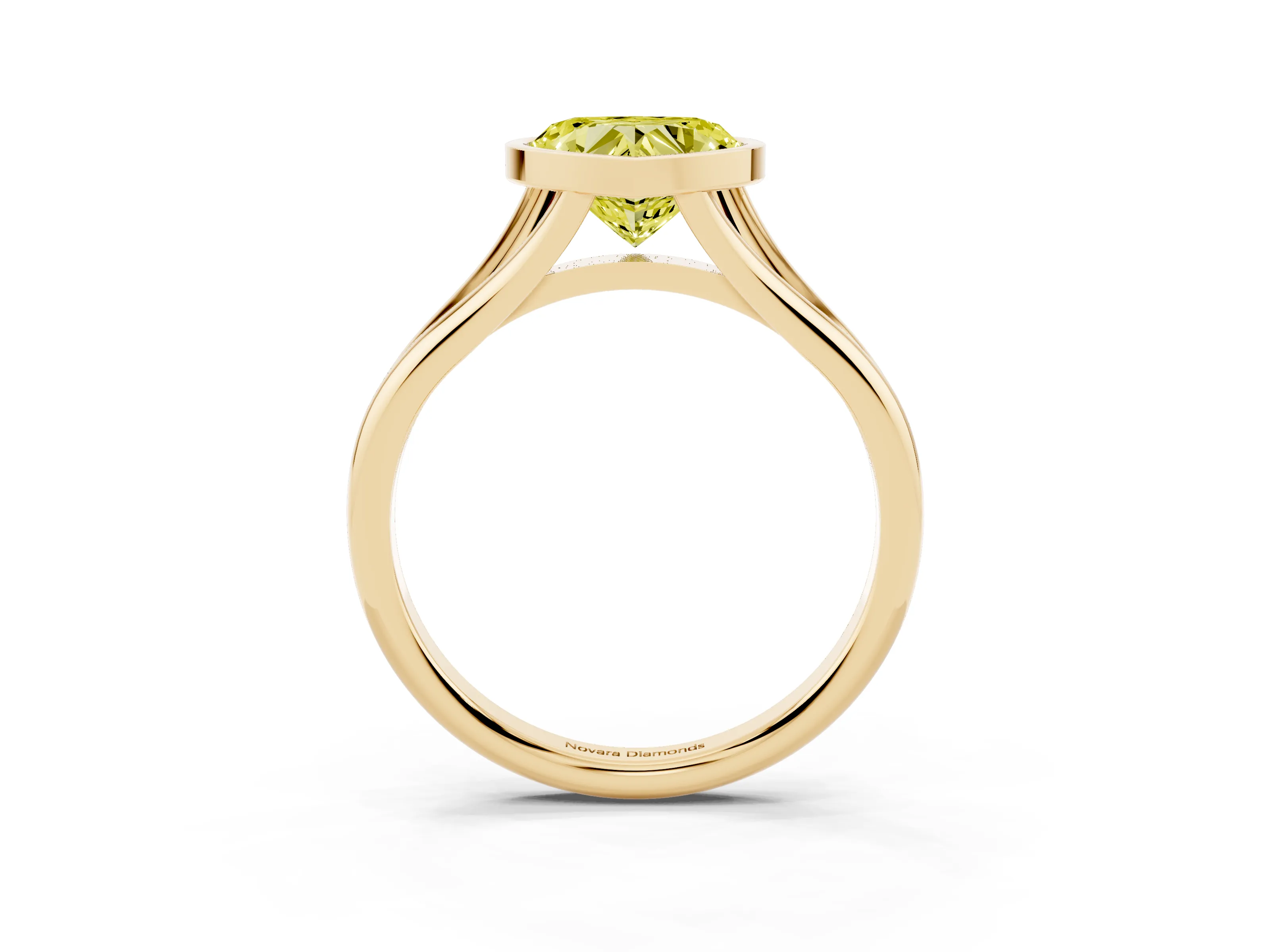 Fancy Yellow Bezel Set Heart Cut Diamond Solitaire Ring Set in Yellow gold with Tapered Band