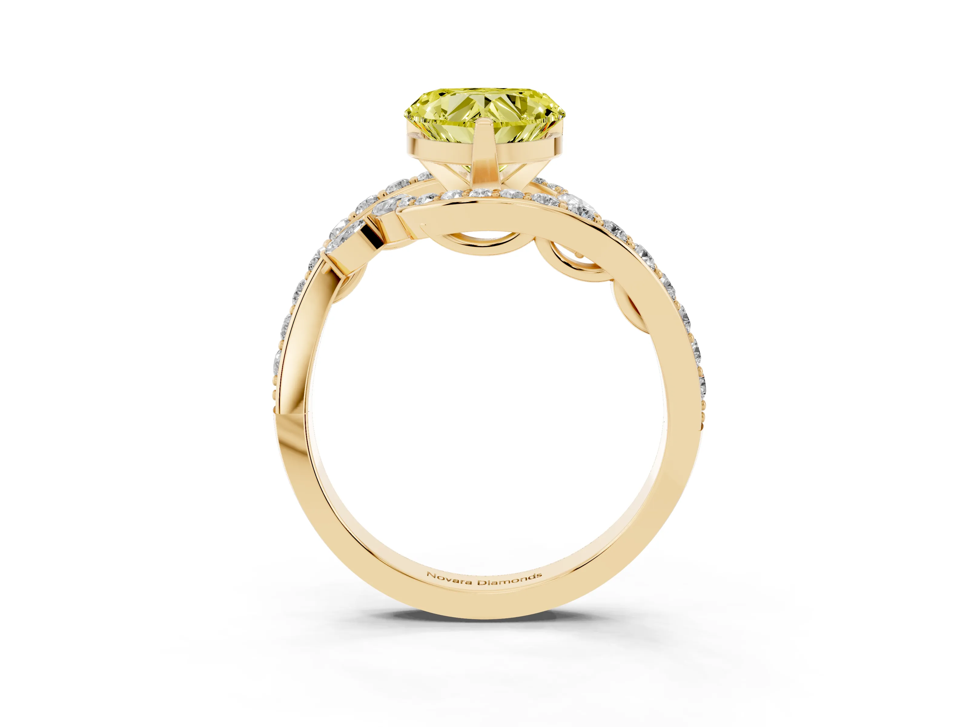 Fancy Yellow Heart Cut Diamond Solitaire Ring Set in Yellow gold with Pavé Twist Band and Secure Prong Setting