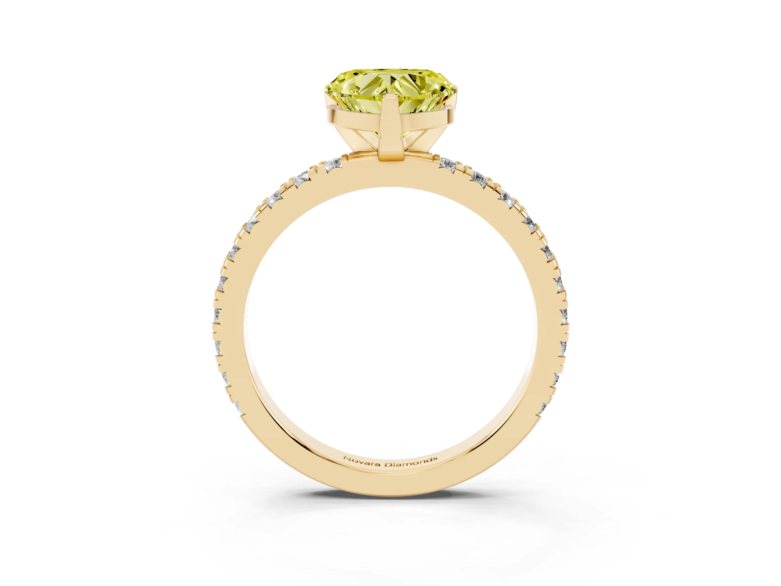 Fancy Yellow Heart Cut Diamond Pavé Band Solitaire Set in Yellow gold with Prong Setting
