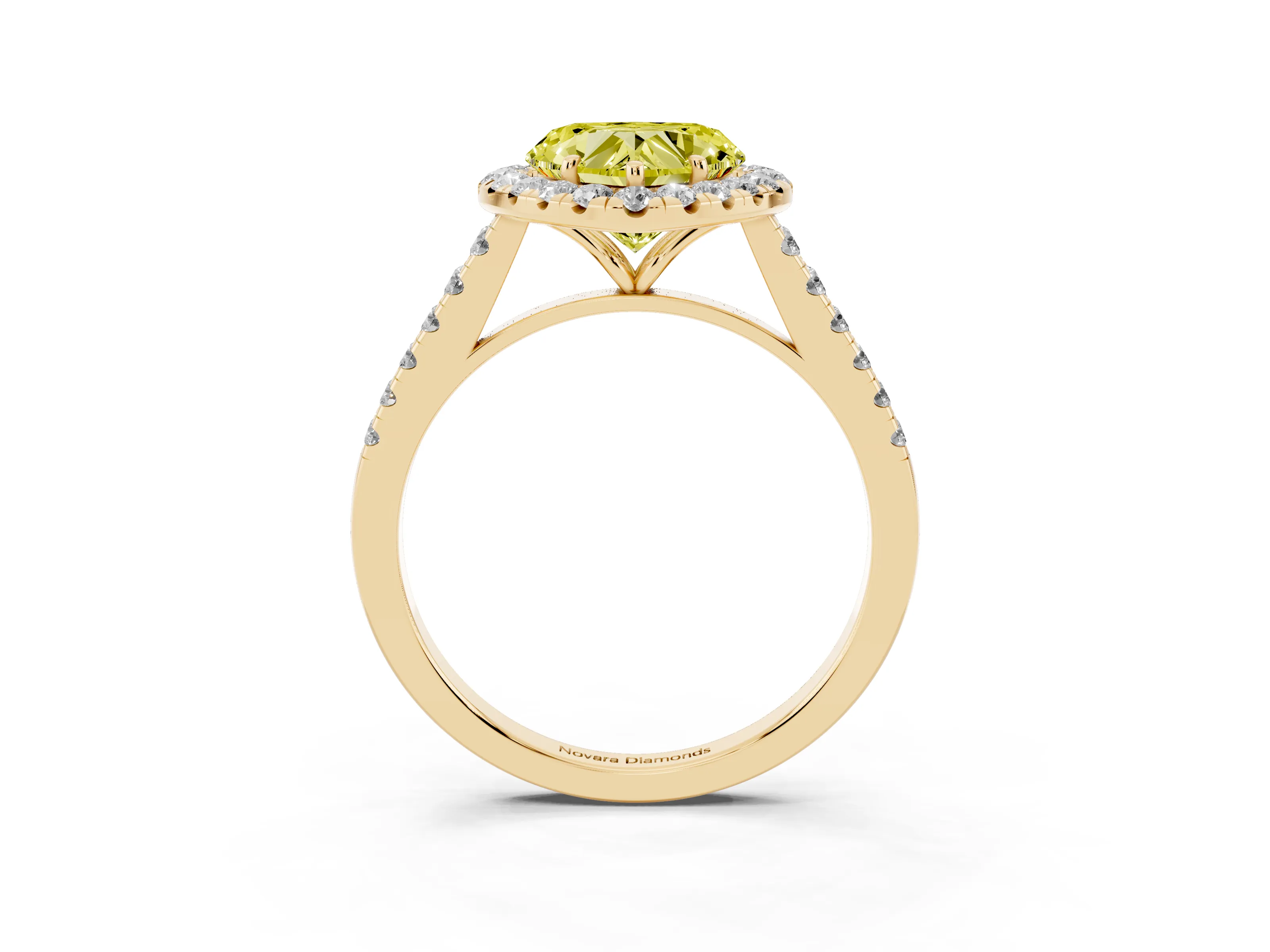 Fancy Yellow Heart Cut Diamond Halo Pavé Engagement Ring Set in Yellow gold with Prong Setting