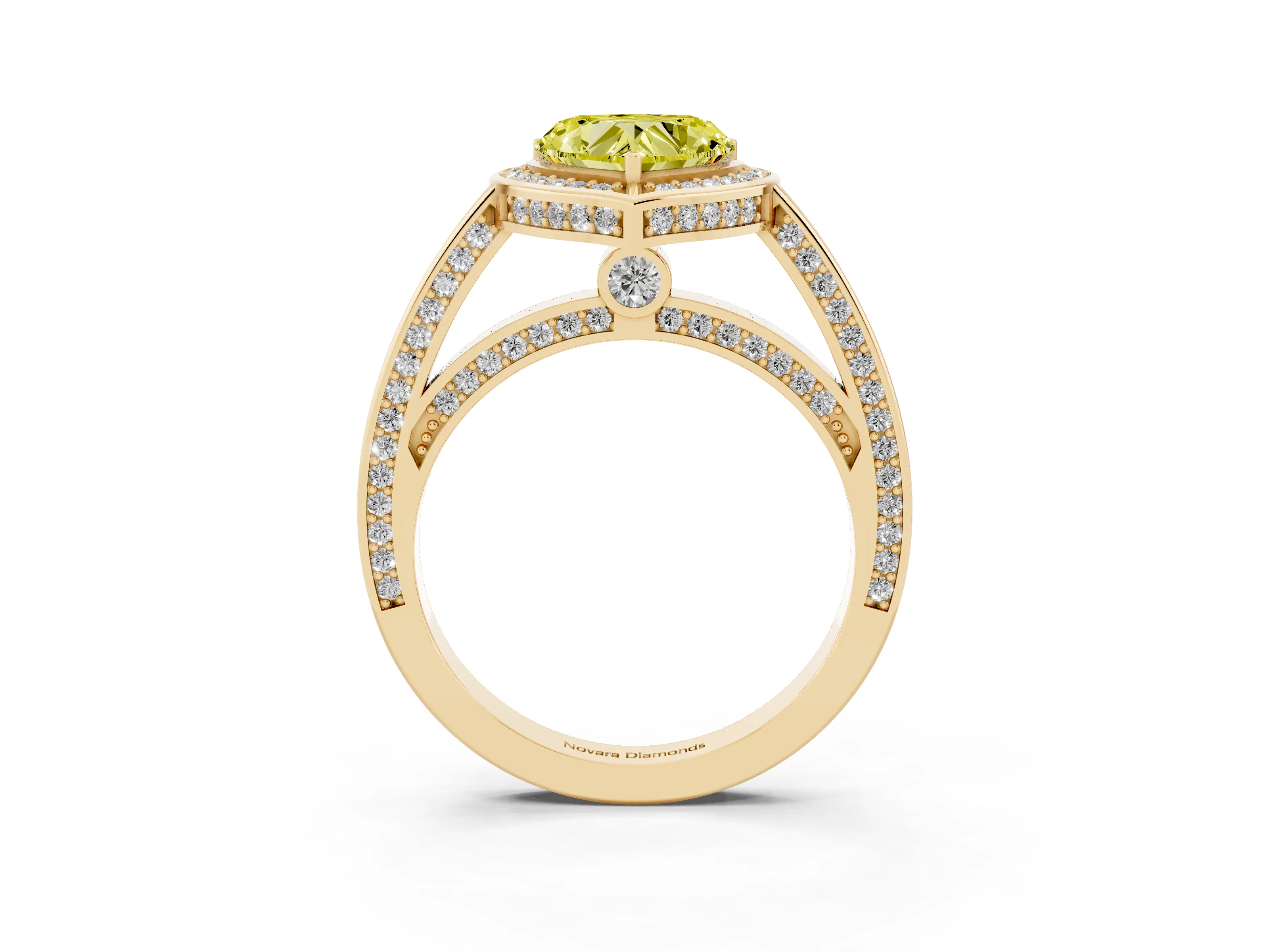 Fancy Yellow Heart Cut Diamond Halo Pavé Split Shank Ring Set in Yellow gold with Prong Setting