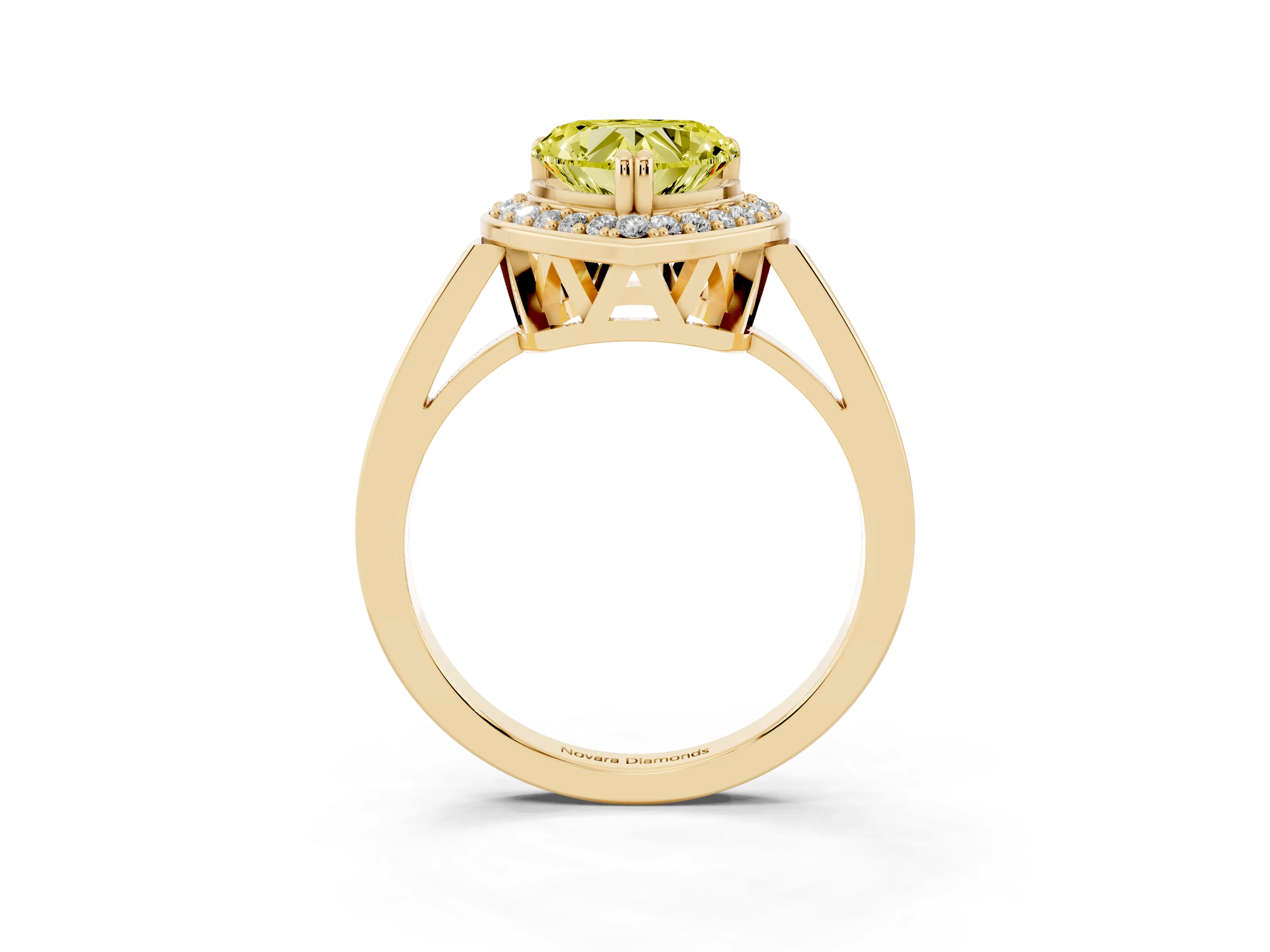 Fancy Yellow Heart Cut Diamond Halo Ring Set in Yellow gold with Accent-Lined Split Shank and Prong Setting