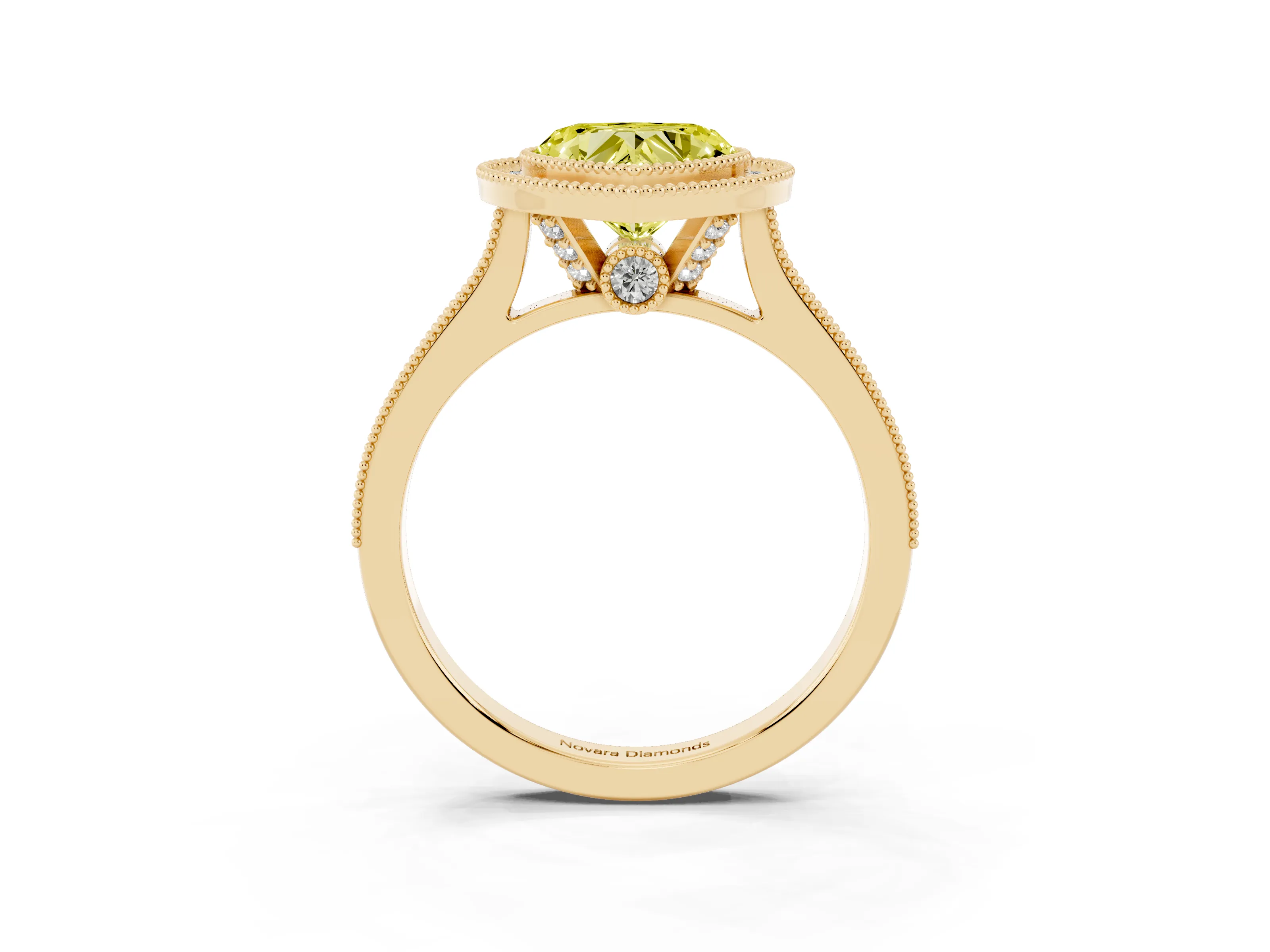 Fancy Yellow Heart Cut Diamond Halo Milgrain Pavé Band Ring Set in Yellow gold with Prong Setting