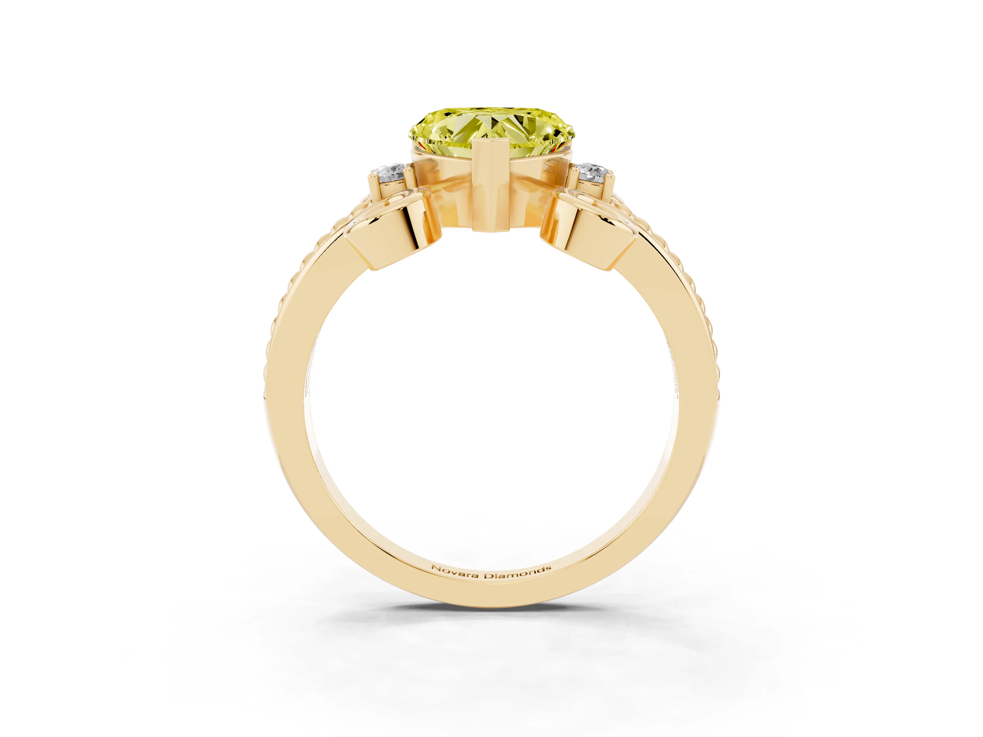 Fancy Yellow Heart Cut Diamond Twisted Band Solitaire Ring Set in Yellow gold with Scroll Prongs