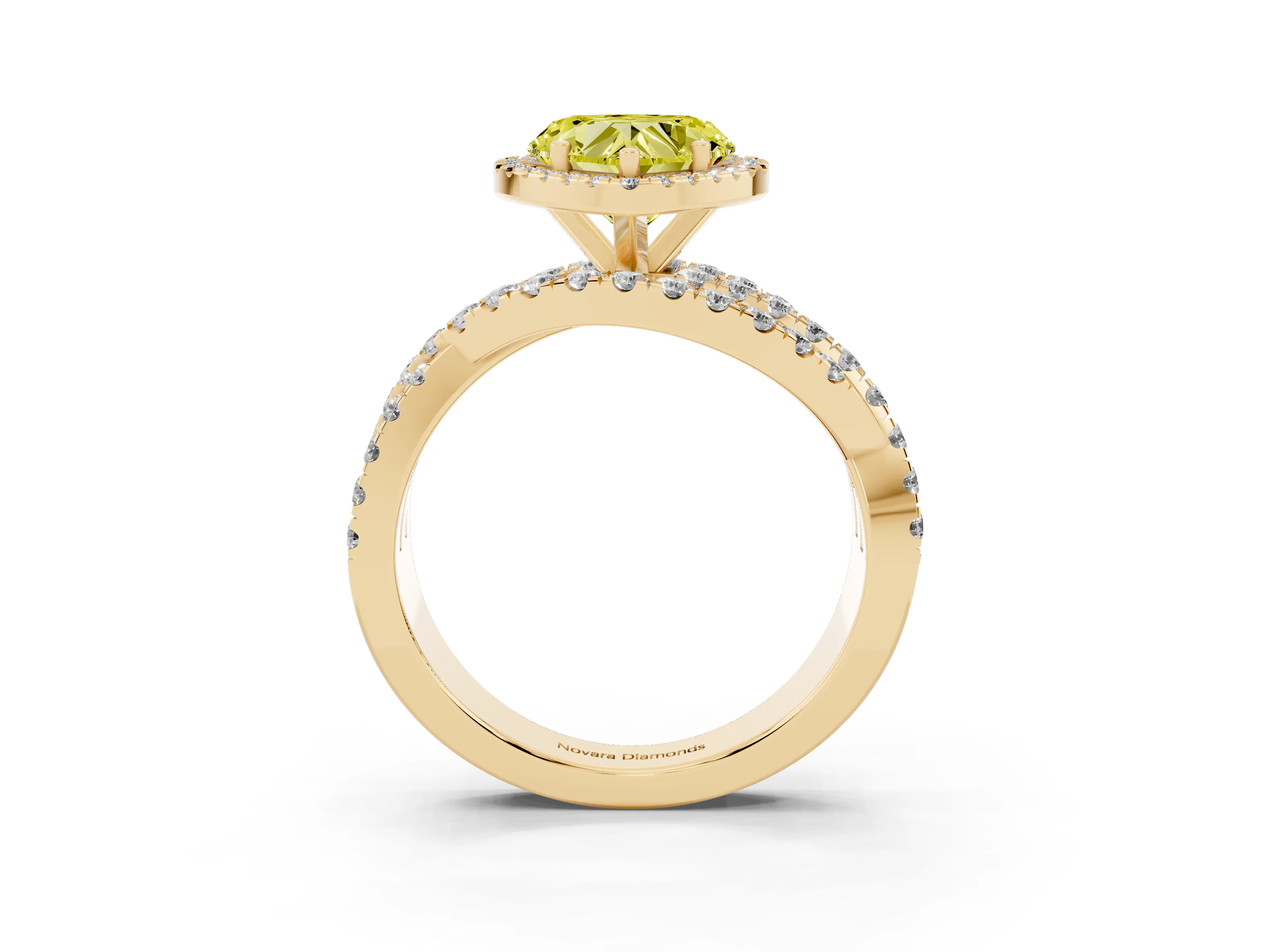 Fancy Yellow Heart Cut Diamond Halo Ring Set in Yellow gold with Round Crossover Split Shank and Prong Setting