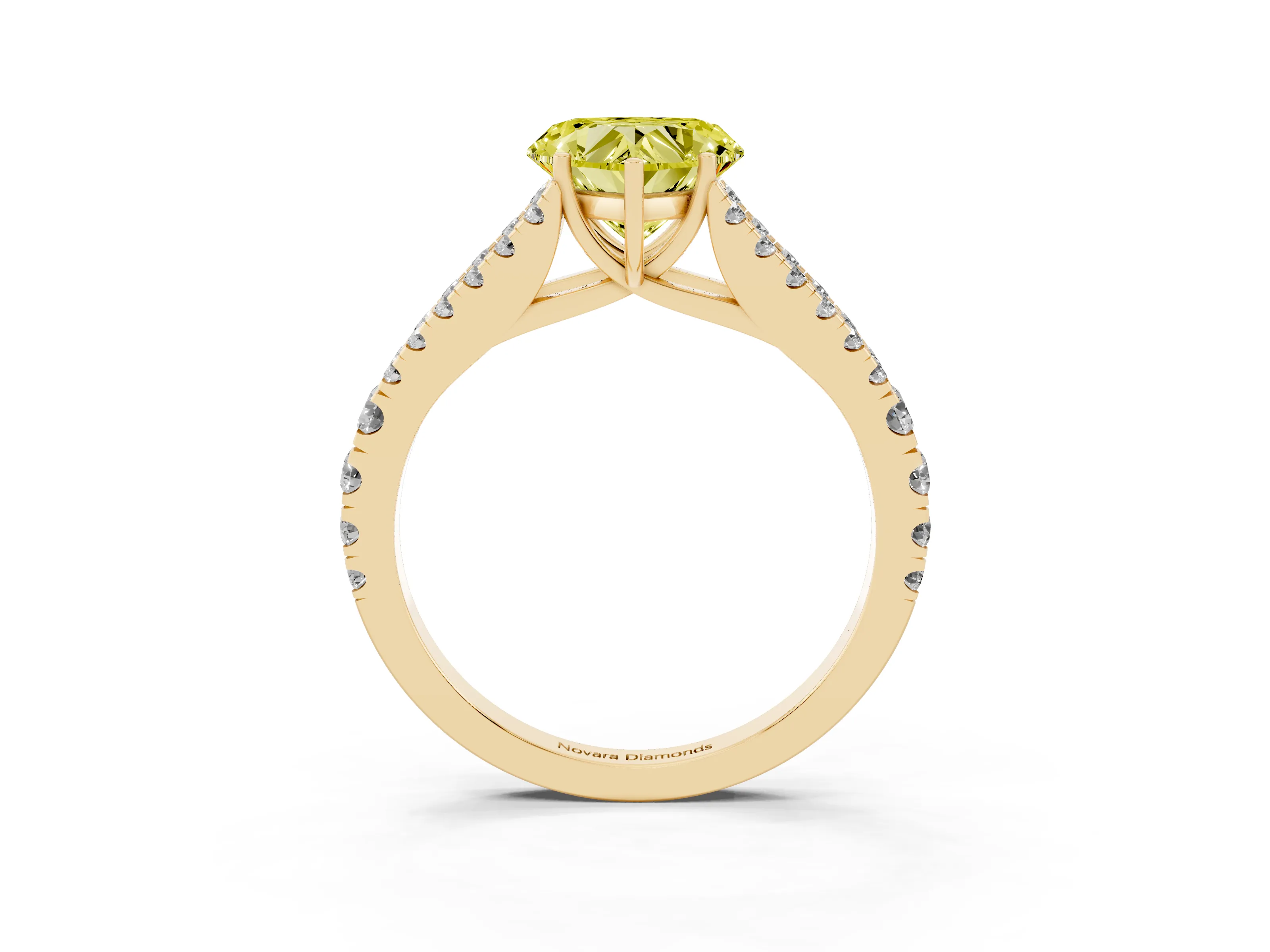 Fancy Yellow Heart Cut Diamond Split Shank Pavé Engagement Ring Set in Yellow gold with Prong-Held Center Stone