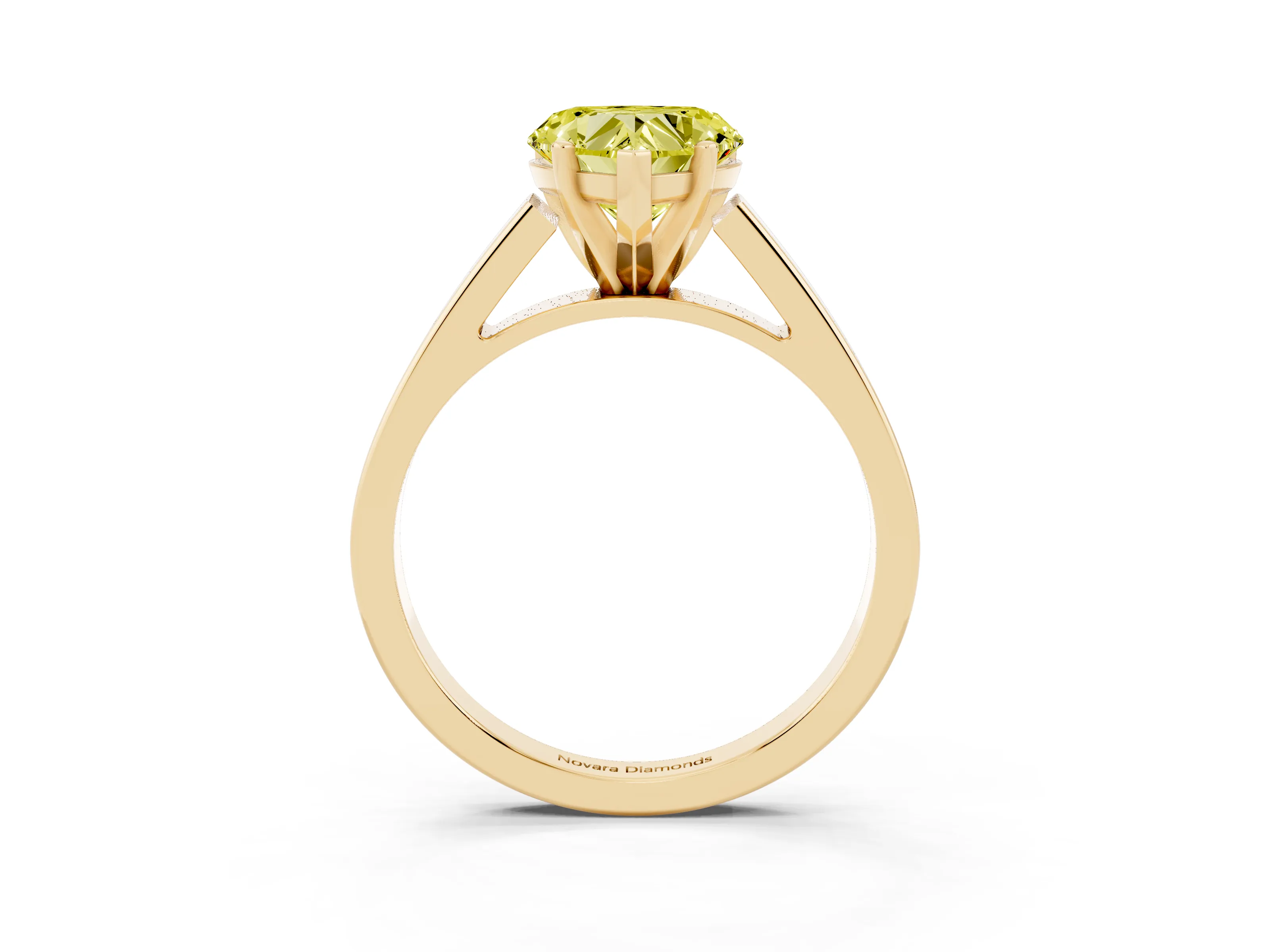 Fancy Yellow Heart Cut Diamond Solitaire Engagement Ring Set in Yellow gold with Prong Setting and Tapered Band