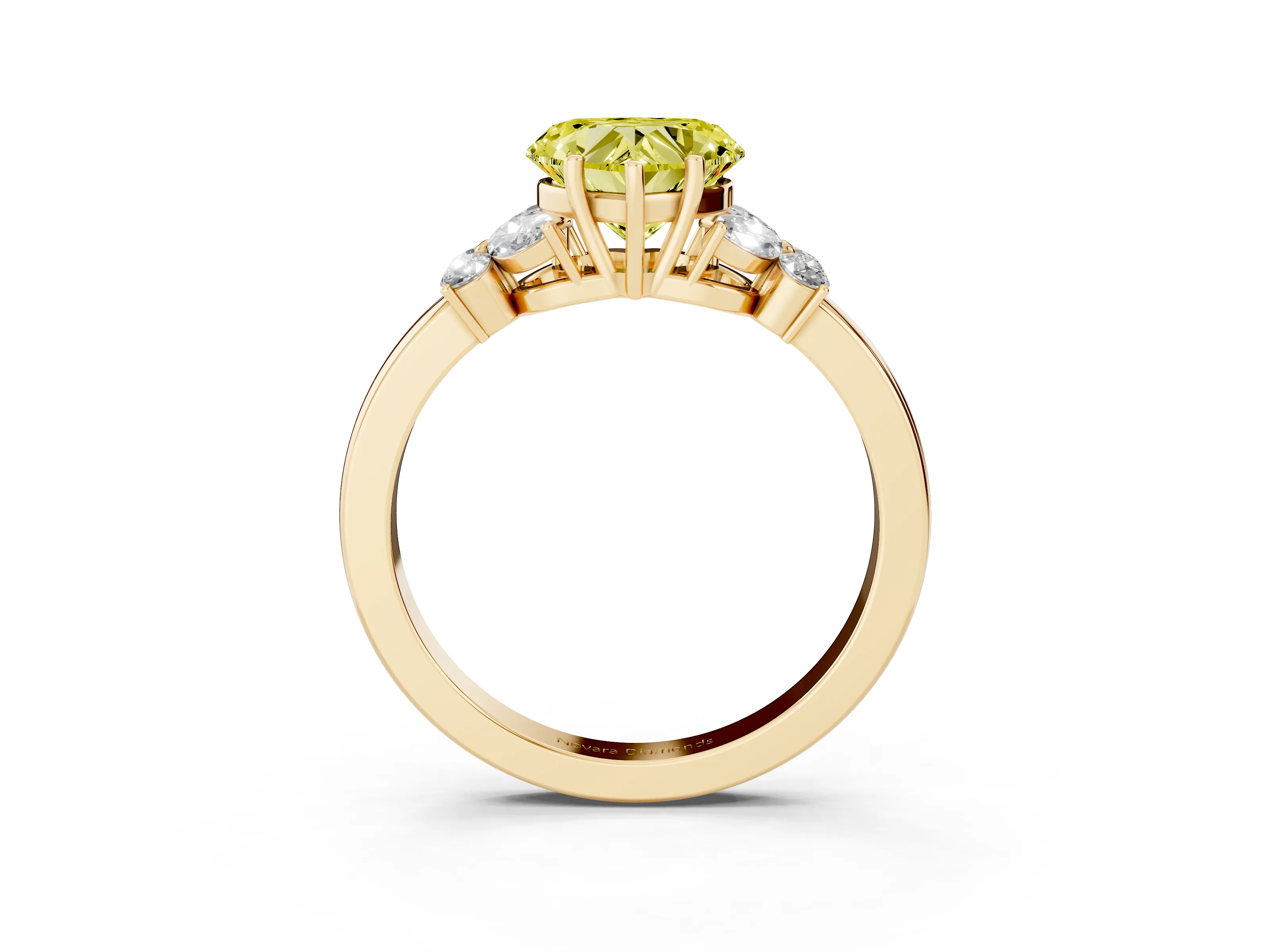 Fancy Yellow Heart Cut Diamond Solitaire Floral Ring Set in Yellow gold with Marquise Petals and Prong Setting