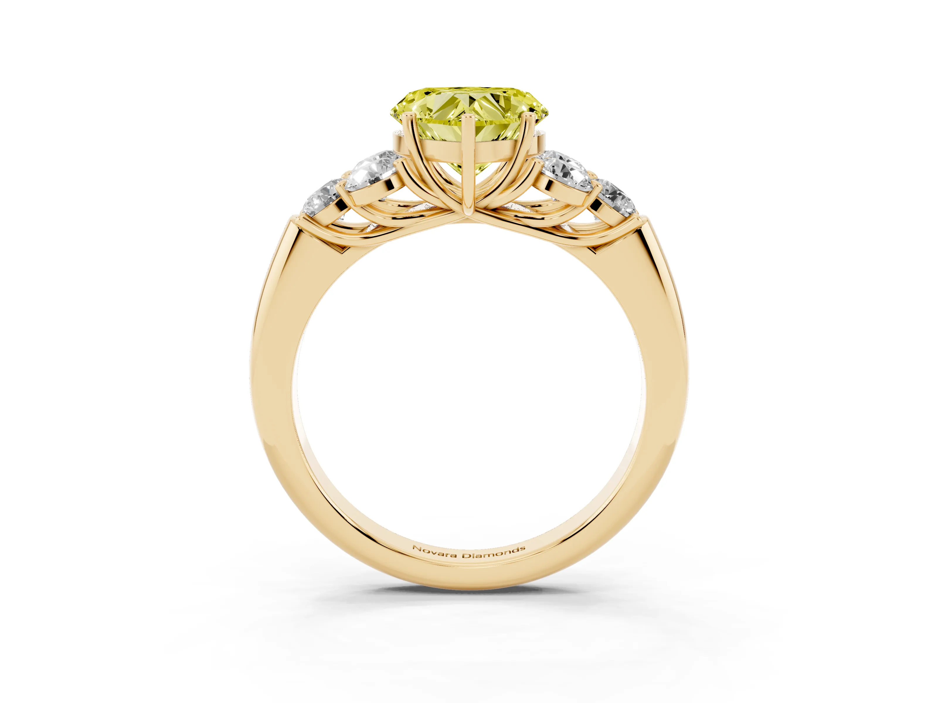 Fancy Yellow Heart Cut Diamond Cluster Ring Set in Yellow gold with Round Accent Stones and Prong Setting on a Plain Band