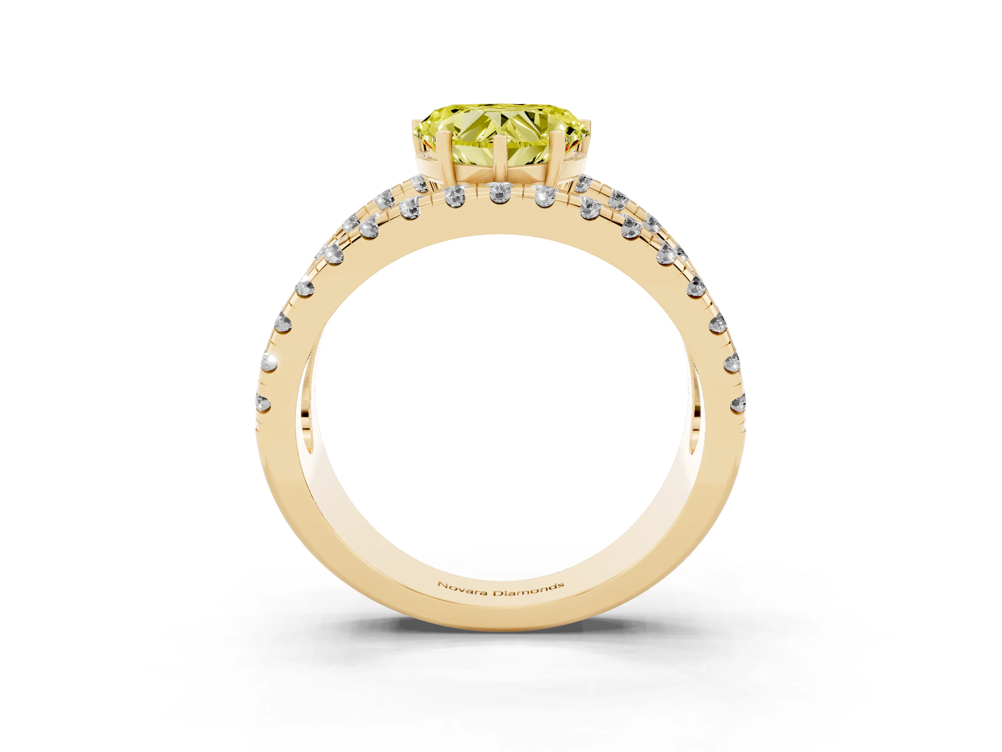 Fancy Yellow Heart Cut Diamond Split Shank Pavé Solitaire Ring Set in Yellow gold with Open Shank Design